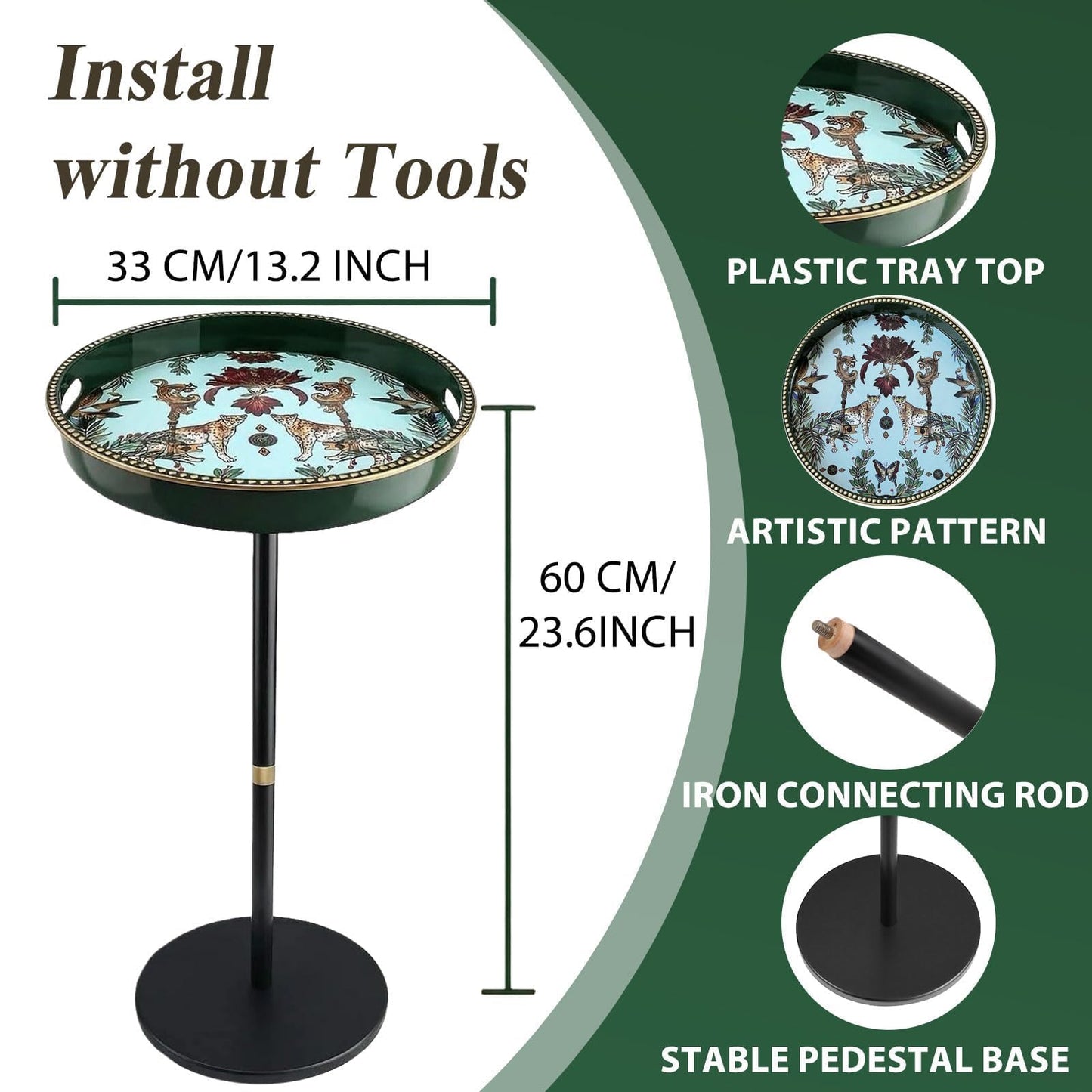 Gesodant Boho Single Leg Round Side Table with Tray Top, Pedestal Drink Table for Small Spaces, Aesthetic Accent Nightstand for Living Room, Bedroom, Corners, and Office (Green Leopard)