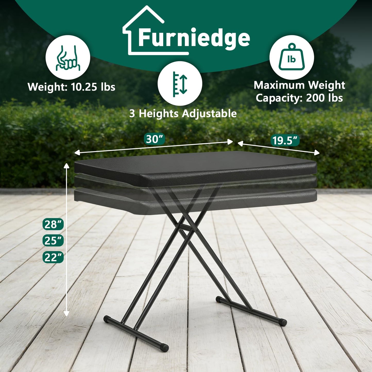 FurniEdge 30 Inch Folding Table, Adjustable Height TV Tray for Small Spaces, Heavy Duty Foldable Utility Table for Laptop, Dining, Camping, No Assembly, 200 lbs Capacity, Black Granite