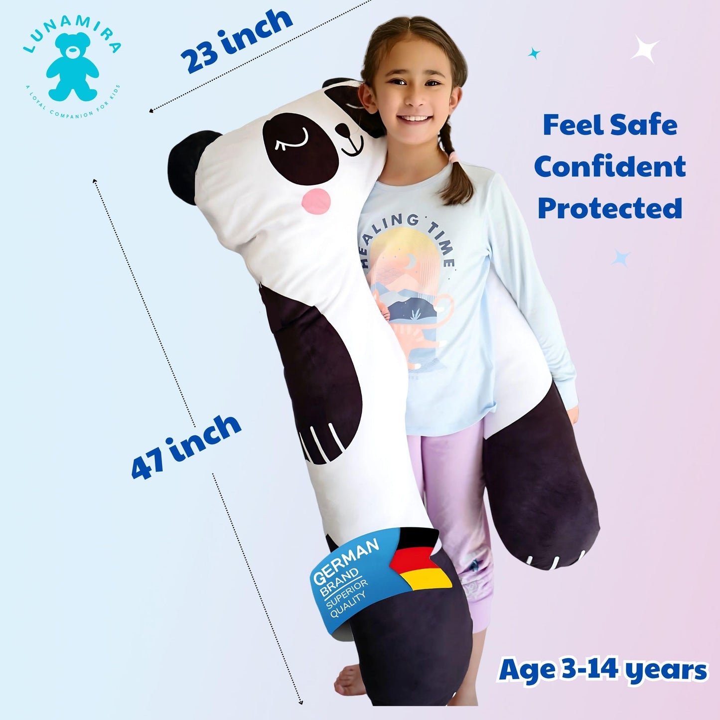 LUNAMIRA Panda Kids Body Pillow - 47" U-Shape Long Plush Soft Animal Pillow for Kids, Sleeping, Reading, ADHD & Special Needs Comfort, Anxiety, Washable Cover, Snuggle Fun Cuddle Gift for Boys & Girls