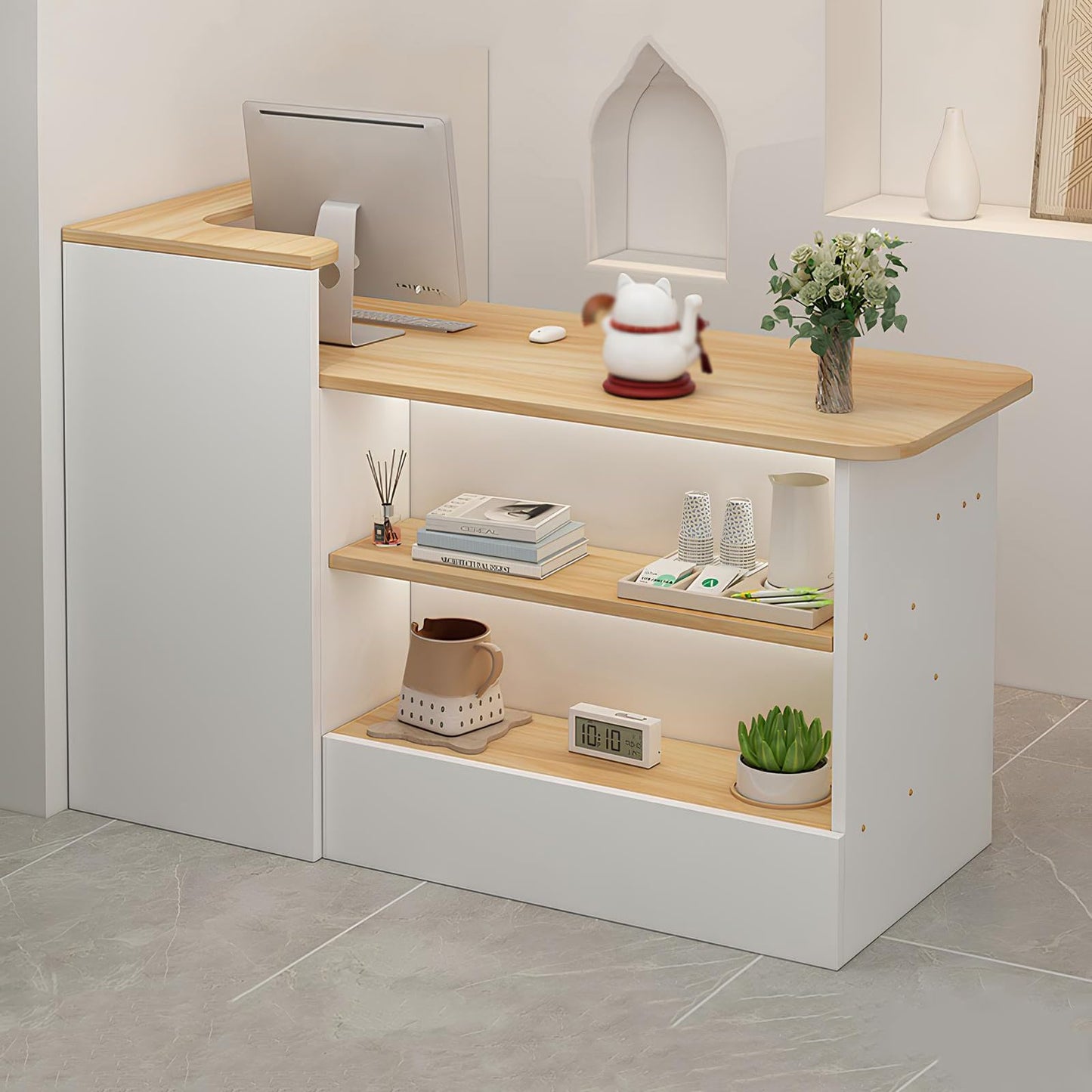 L Shaped Reception Desk - Modern Wooden Checkout Counter with Open Shelves and Drawers for Office, Hotel, Store, or Beauty Salon