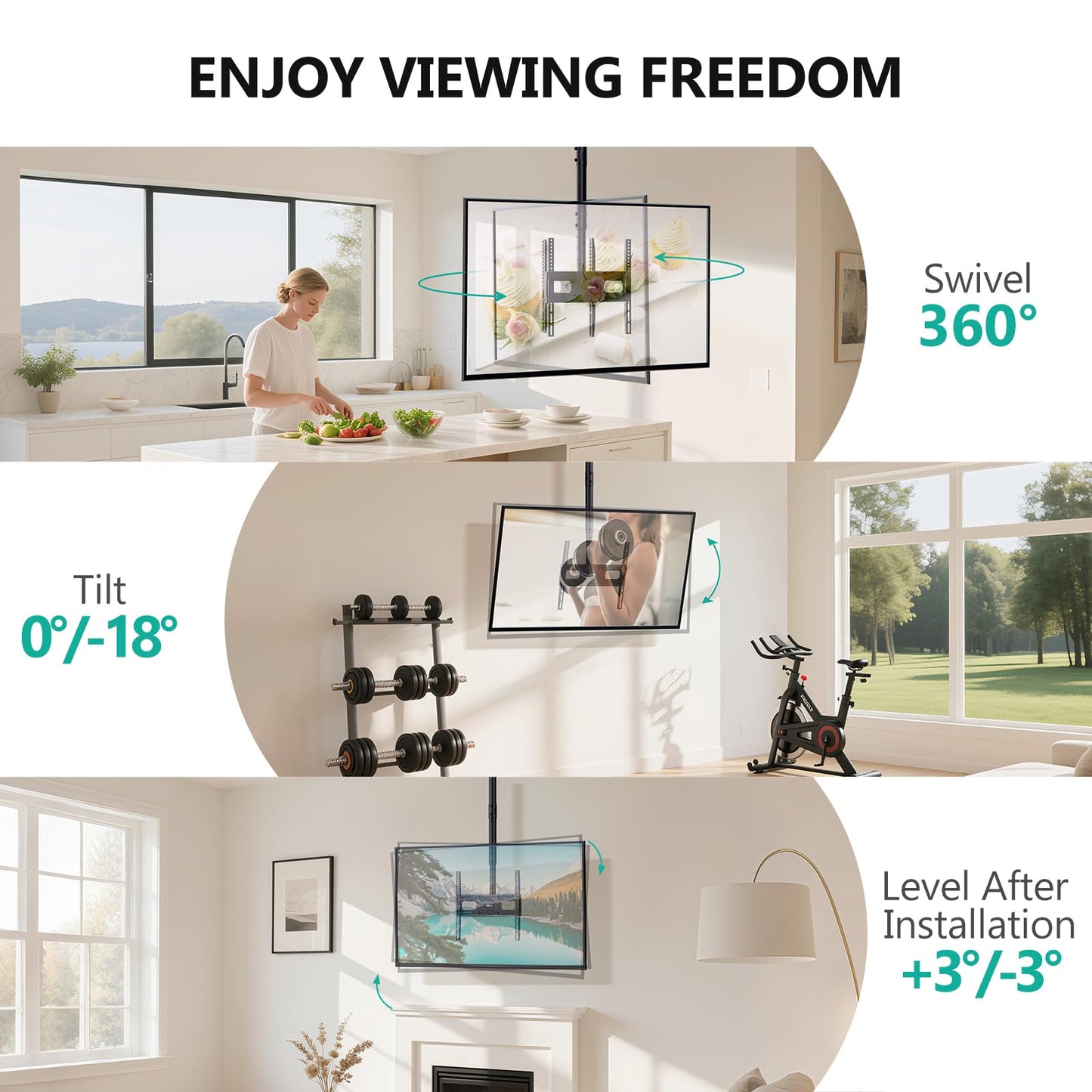 WALI Ceiling TV Mount Long Arm, Full Motion Adjustable Bracket Fits Most LED, LCD TVs 26 to 65 inch, up to 99lbs, Height Extension up to 35.8 Inch, Mounting Holes up to 400x400mm (CM2665XL-P), Black