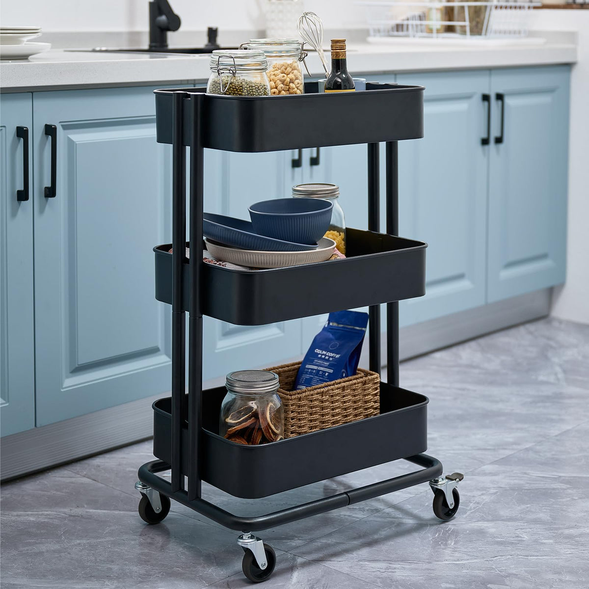 CARTTECH 3 Tier Rolling Cart Metal Heavy Duty Utility Cart with Silent Caster Lockable Wheels Multi-Functional Organization Carts Storage Trolley with Mesh Shelves for Office Kitchen Living Room Black