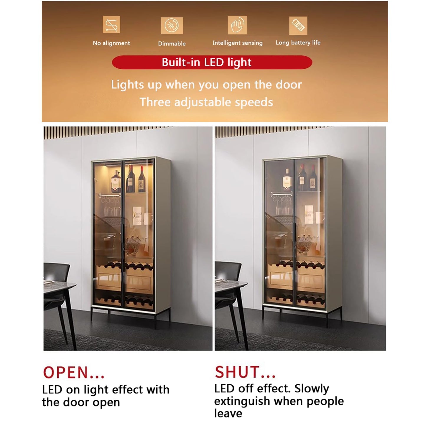Modern Wood Buffet Cabinet with Tempered Glass Wine Rack and Auto Sensing LED Light Standing Kitchen Storage Rack with Stackable Drawers Liquor Cabinet for Kitchen Dining Room