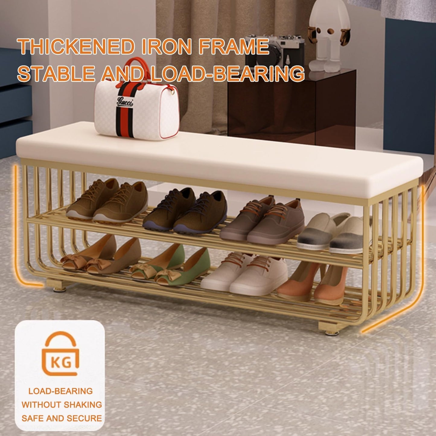 HARELA Shoe Bench with Cushioned Seat, PU Faux Leather Bench with Metal Base, Entryway Shoe Bench with Storage, Elegant Footstool for Entrance Living Room Cloakroom(Gold C,60cm/23.6in)