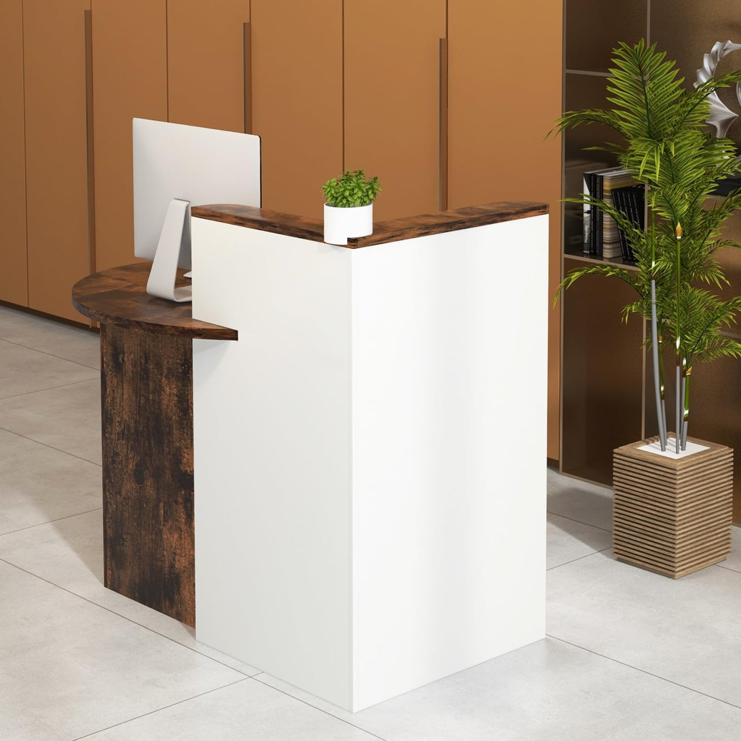 Tangkula Reception Desk, Front Counter Desk with Lockable Drawer & Adjustable Shelf, Oval Desktop, Retail Counter for Checkout, Computer Workstation for Salon Lobby Office, Home Office Desk