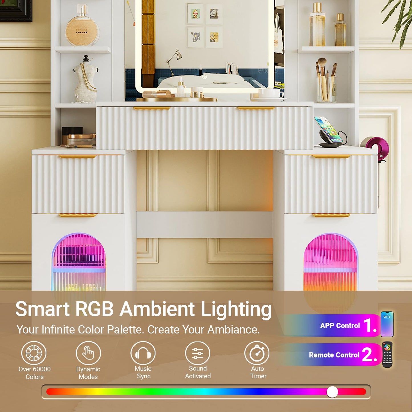 Mojztezy White Vanity, 3 LED Light Modes, 6 Shelves, 3 Drawers, 2 Adjustable Shelves Cabinets, with Mirror & Power Outlets Hair Tool Holder, Dormitory Apartment Bedroom Dressing Table