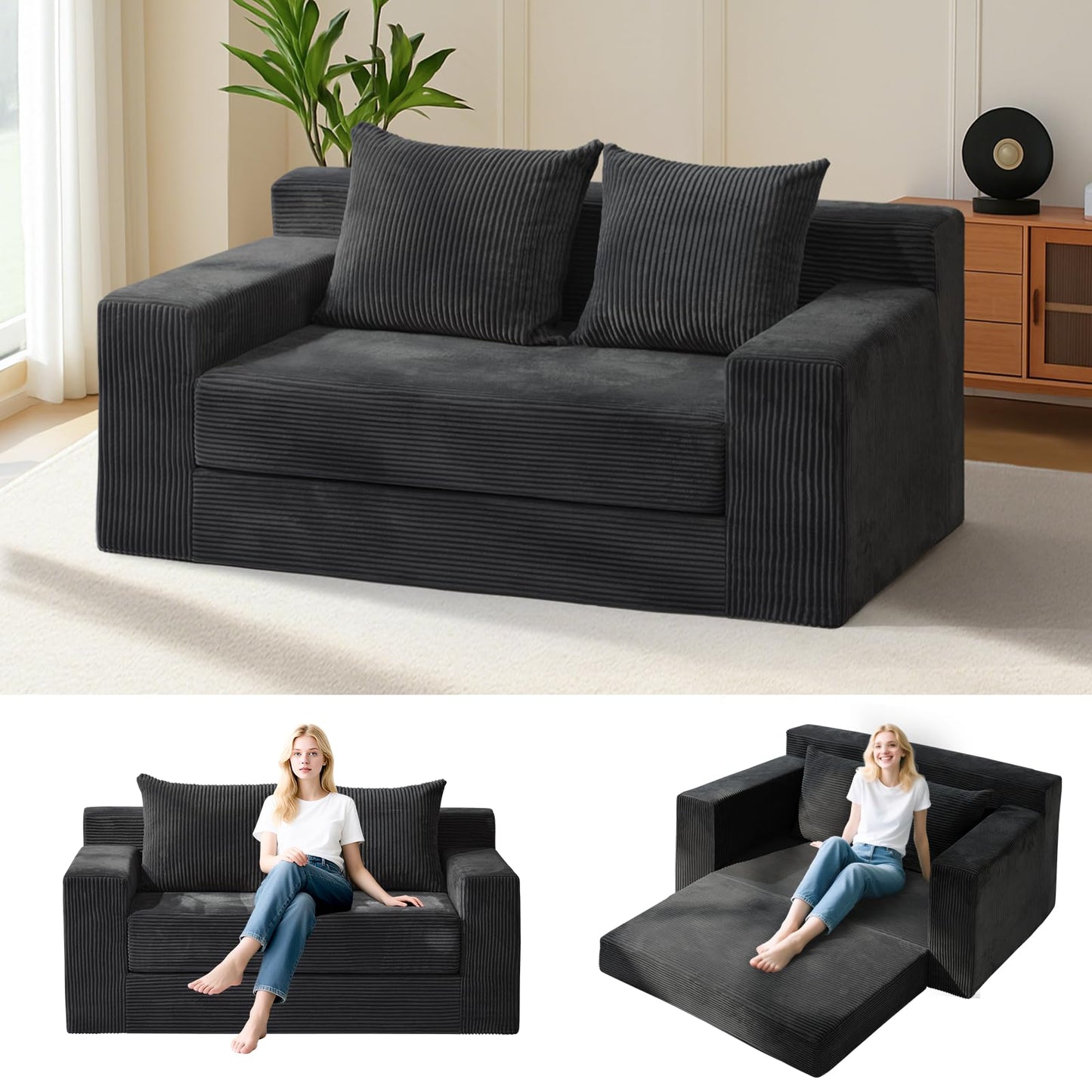 feliz home Convertible Sofa Bed, Boneless Couch Loveseat, 2 in 1 Folding Couch Bed, Fold Out Comfy Floor Futon Sofa with Pillows for Living Room Bedroom, Black