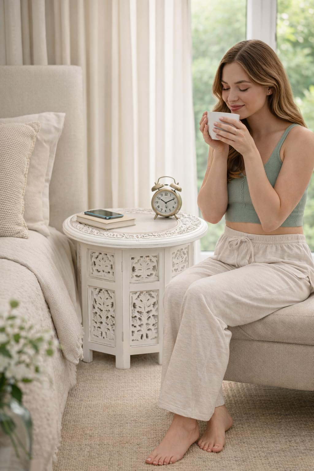 The Wooden Town Handcrafted White Wood End Table - Antique Finish, Small Accent Table 18"x18" for Living Room, Bedroom, Sofa Side or Nightstand Use
