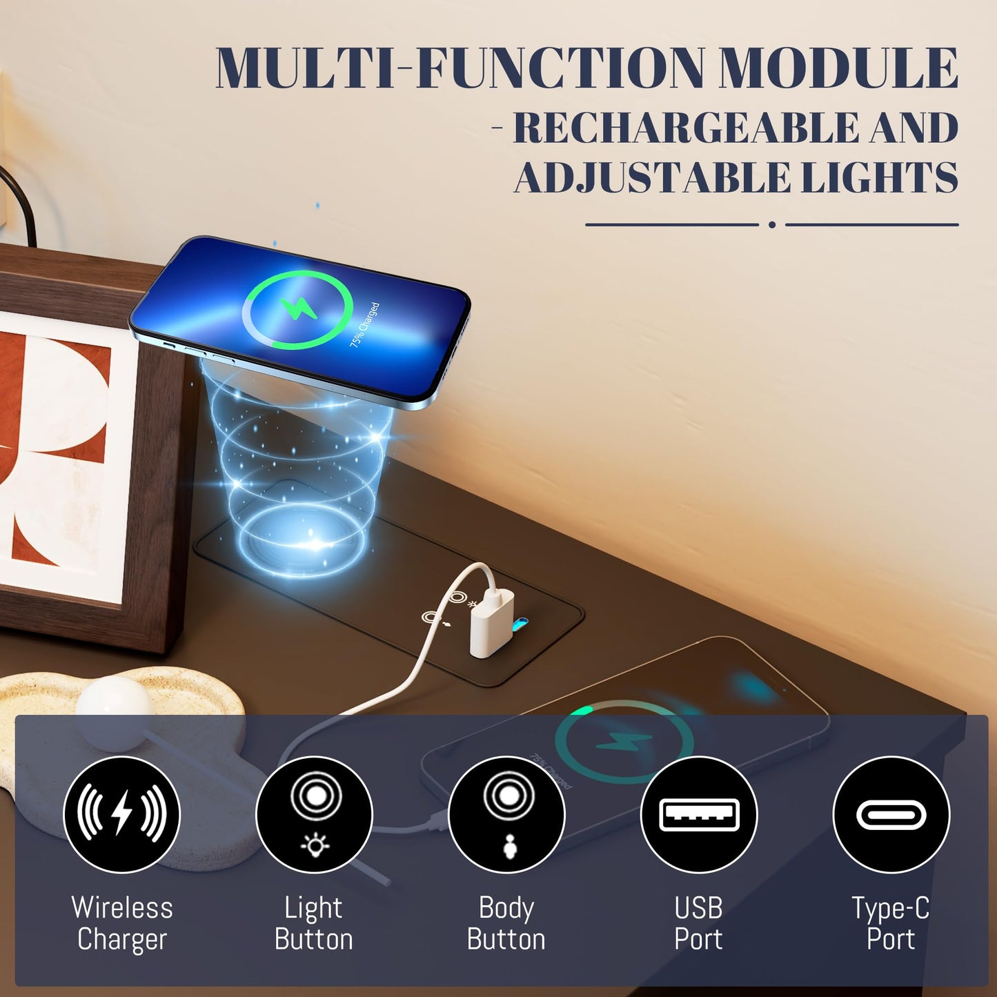 LVSOMT Black Bedroom Nightstand with Charging Station and LED Lights, Modern Bedside Table with Hidded Drawer, Smart Night Stand with Open Storage Shelf, USB Port, Metal Legs