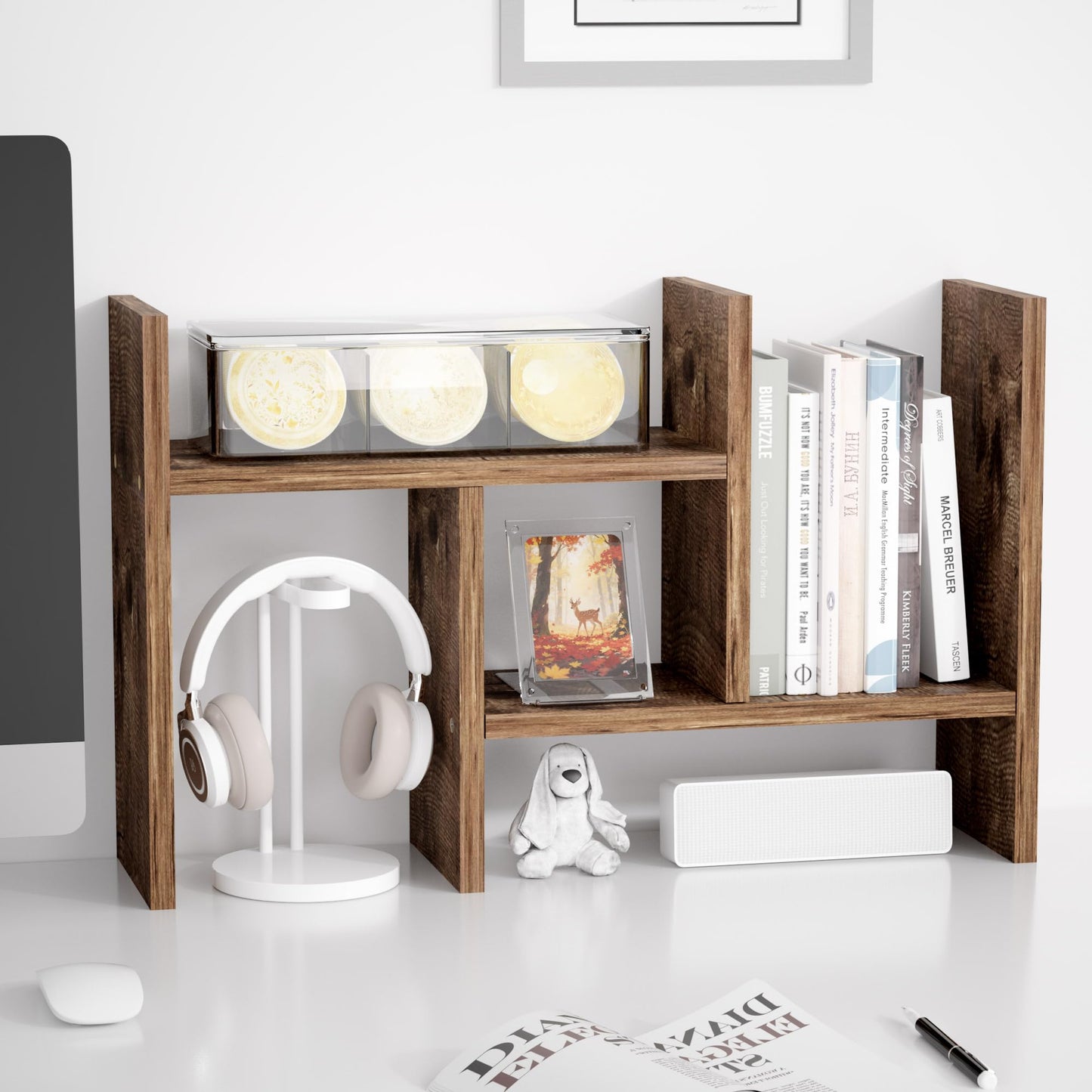 Jerry & Maggie Desktop Organizer Office Storage Rack Adjustable Wood Display Shelf Free Style Double H, Multi-Functional Mini Bookshelf for Desk Natural Stand (Natural Wood Tone)