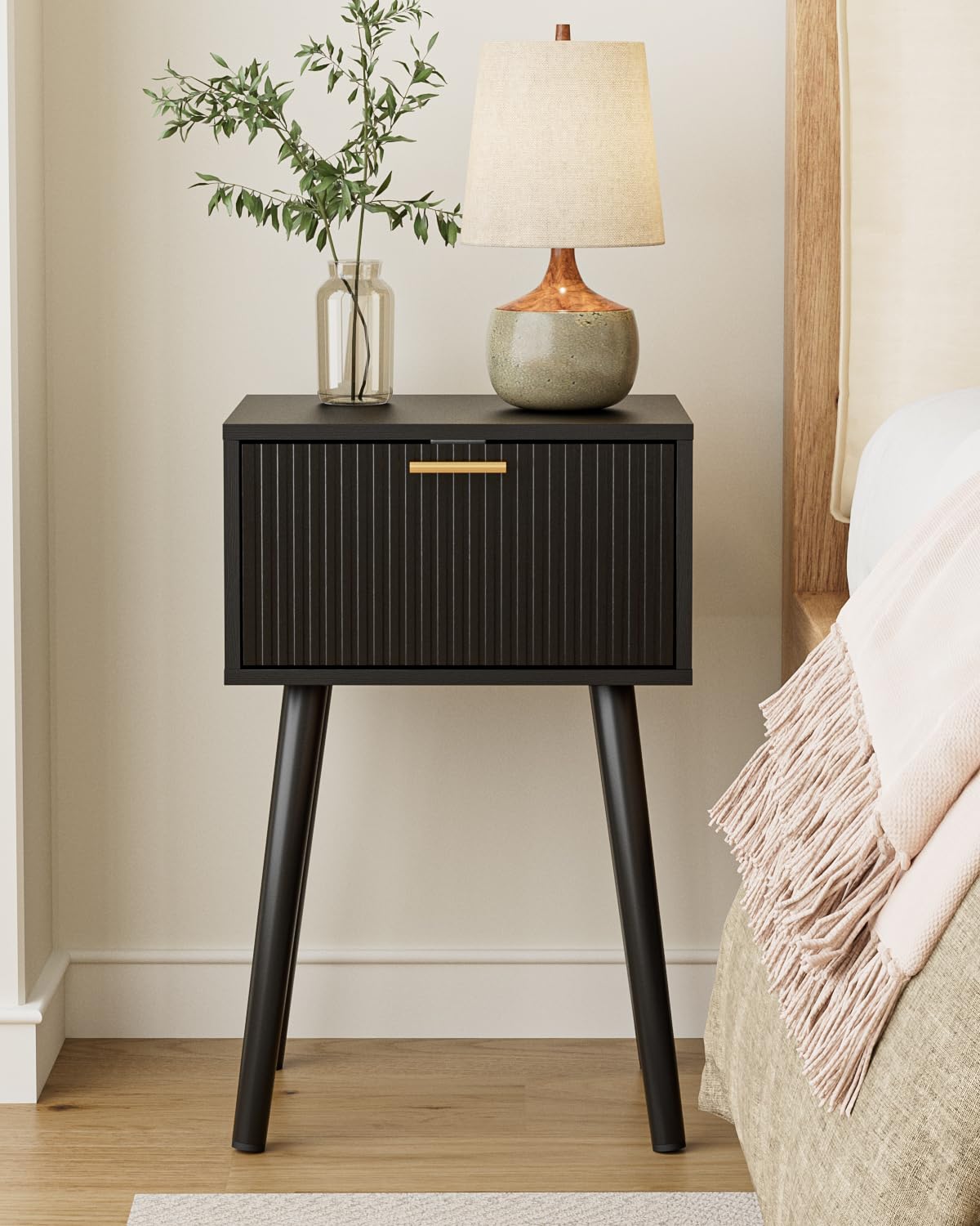 ASACESCU Night Stand, Black Nightstand with Fluted Door, Small Modern Mid-Century Bedside Table for Bedroom, End Table for Living Room