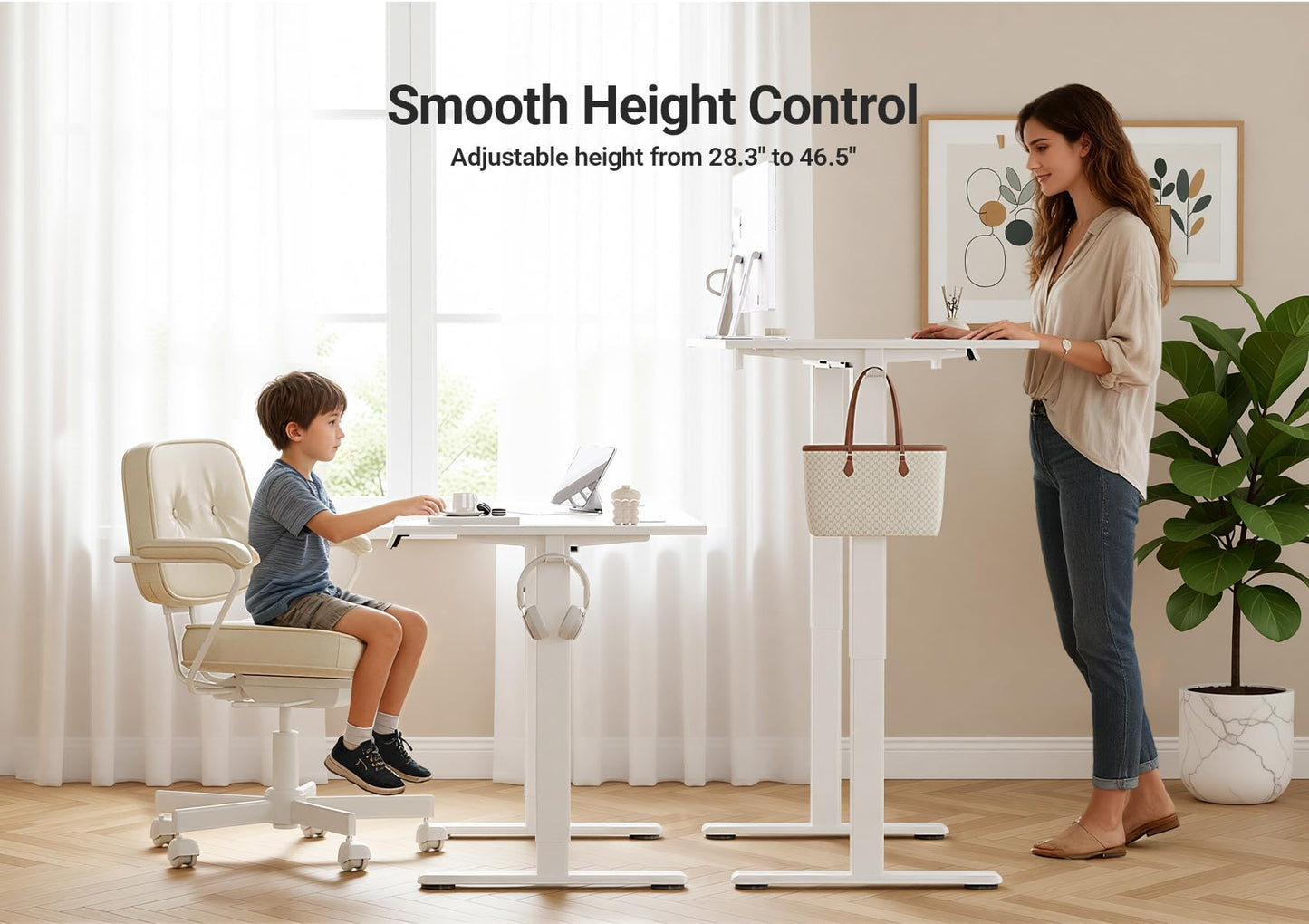 Claiks Electric Standing Desk, Adjustable Height Stand up Desk, 48x24 Inches Sit Stand Home Office Desk with Splice Board, White Frame/Cold White Top