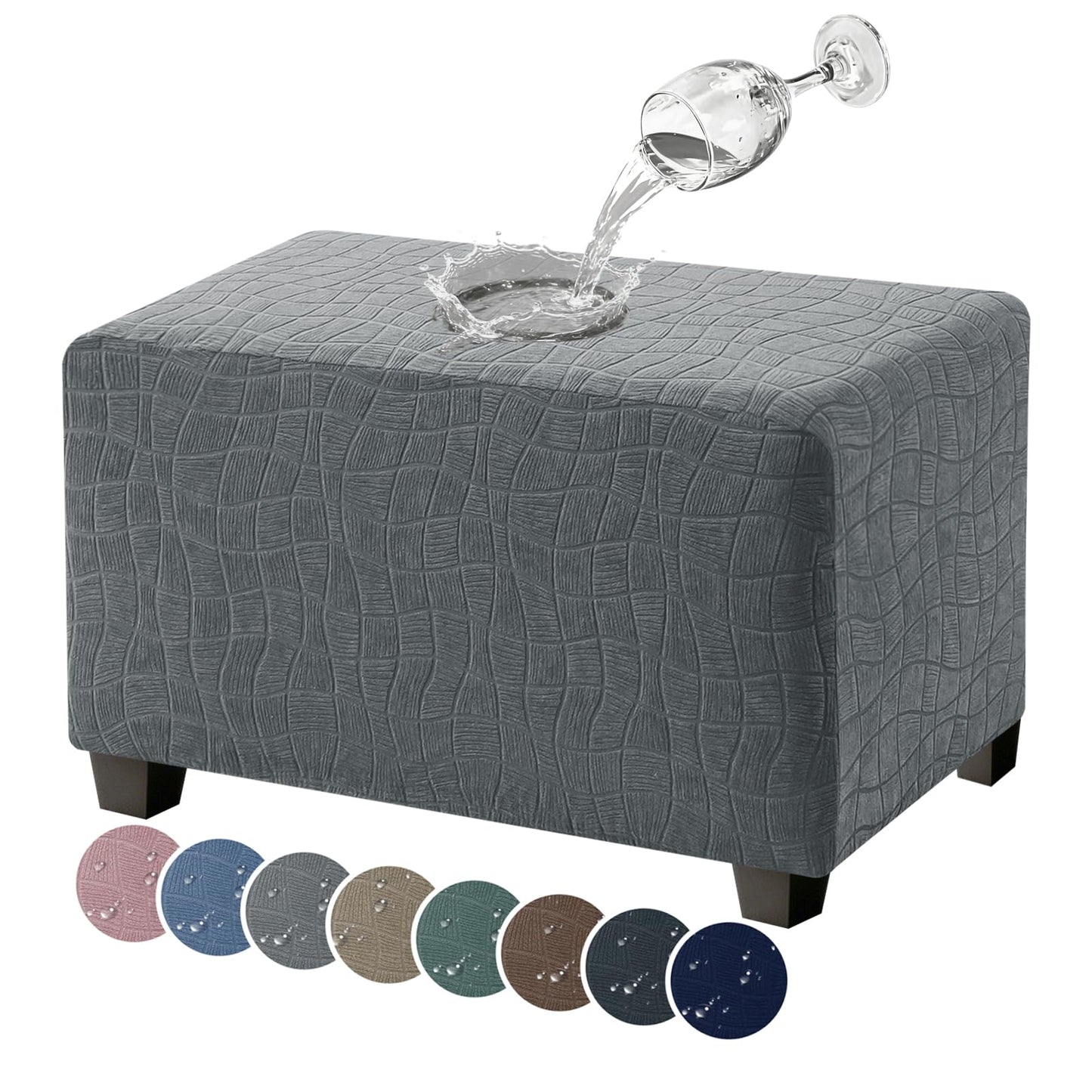 MAXIJIN Waterproof Ottoman Cover Rectangle Stretch Ottoman Slipcovers Square Thick Stool Covers Storage Footrest Furniture Protector with Non-Slip Elastic Bottom (Small, Light Gray)