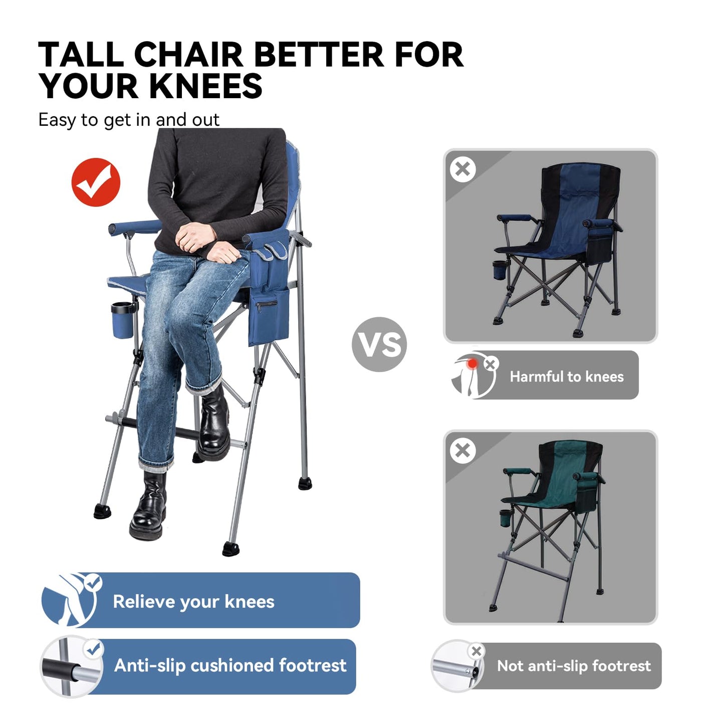 Thallike Foldable Directors Makeup Salon High Chair - Portable Camping Bar Height Folding Photoshoot Chairs with Stroage Bag Cup Holder Non-Slip Footrest, Supports 400 lbs Blue Tall Director Chair