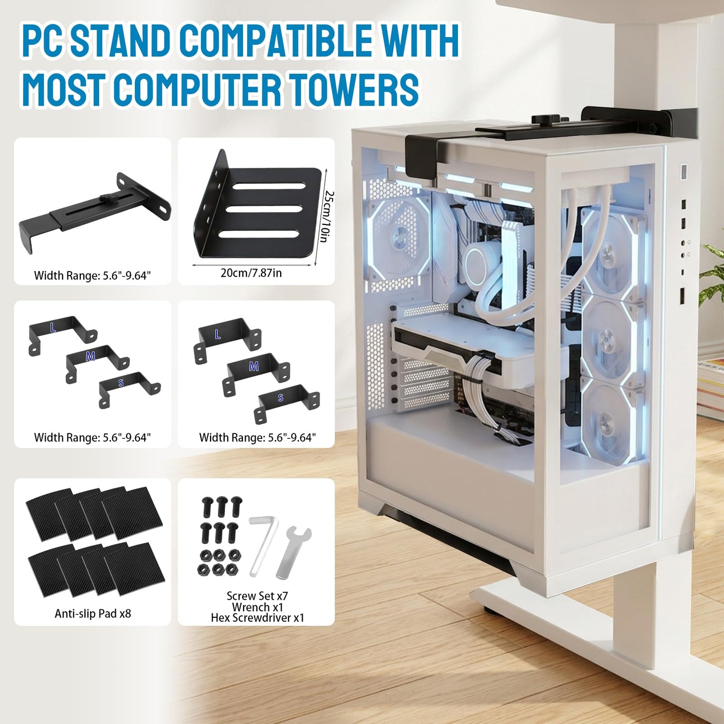 Under Desk PC Mount - Heavy Duty PC Stand for Standard Computer Tower Up to 9.64" Wide, Up to 50Lbs Weight, Clamped PC Bracket Holder Only for 65×45mm/75×45mm/80×50mm Standing Desk Leg, No Drill
