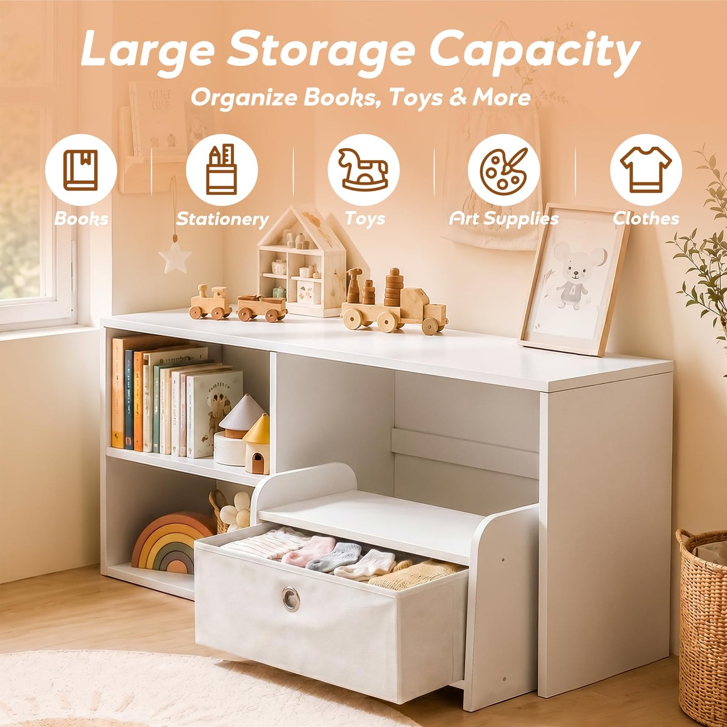 Faesun 3-in-1 Toddler Bookshelf, Montessori Bookshelf with Bench, Bookshelf for Kids with Reading Nook & Toy Organizers & Storage, Book Shelf for Kids Rooms, Nursery, Playroom, Bedroom, White