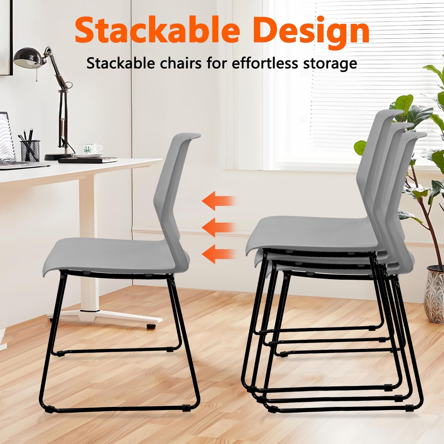 KLASIKA Stackable Guest Reception Chairs, Stacking Office Chair with Ergonomic Lumbar Support & Metal Legs, Plastic Desk Chairs for Conference School Church Waiting Meeting Break Room Set of 4, Gray