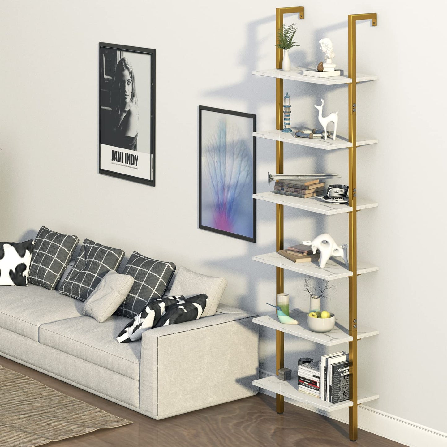 Wolawu Ladder Shelf 6 Tiers Marble White Modern Bookshelf Open Tall Wall Mount Bookcase Standing Leaning Wall Shelves Industrial Decorative Living Room Bed Room