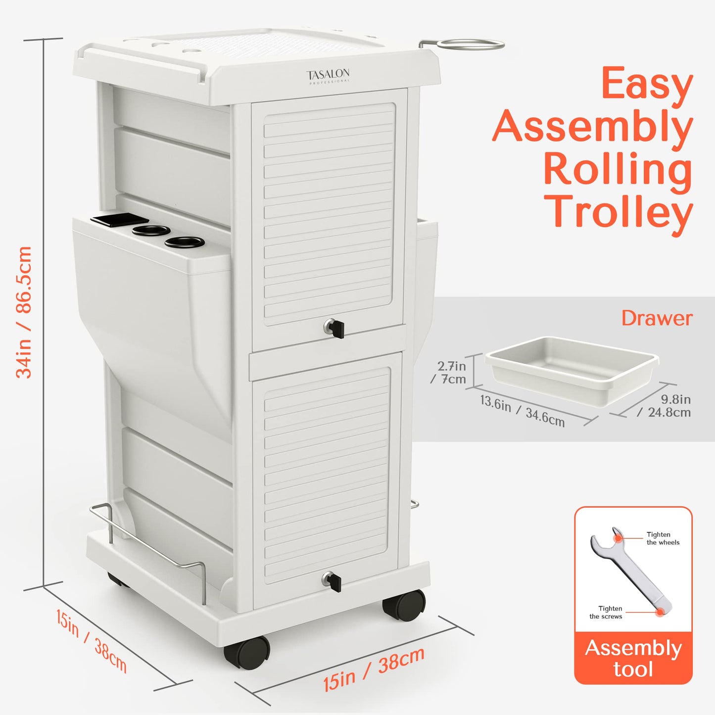 TASALON Salon Trolley Cart with Lock, 6 Lockable Trays + 2 Holders, Rolling Storage Cart for Hair Salon, Beauty, Barber Station - White