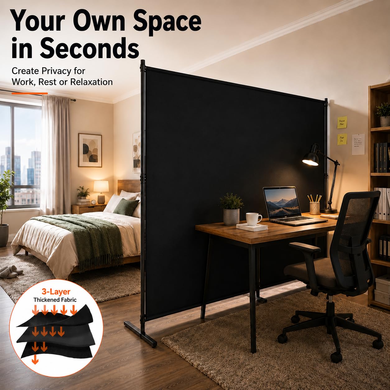 Room Divider, 72x72Inch Large Single Panel Privacy Screen with Thickened Fabric,Freestanding Partition Wall for Room Separation,Portable for Indoor Office,Bedroom,Outdoor Patio,Black