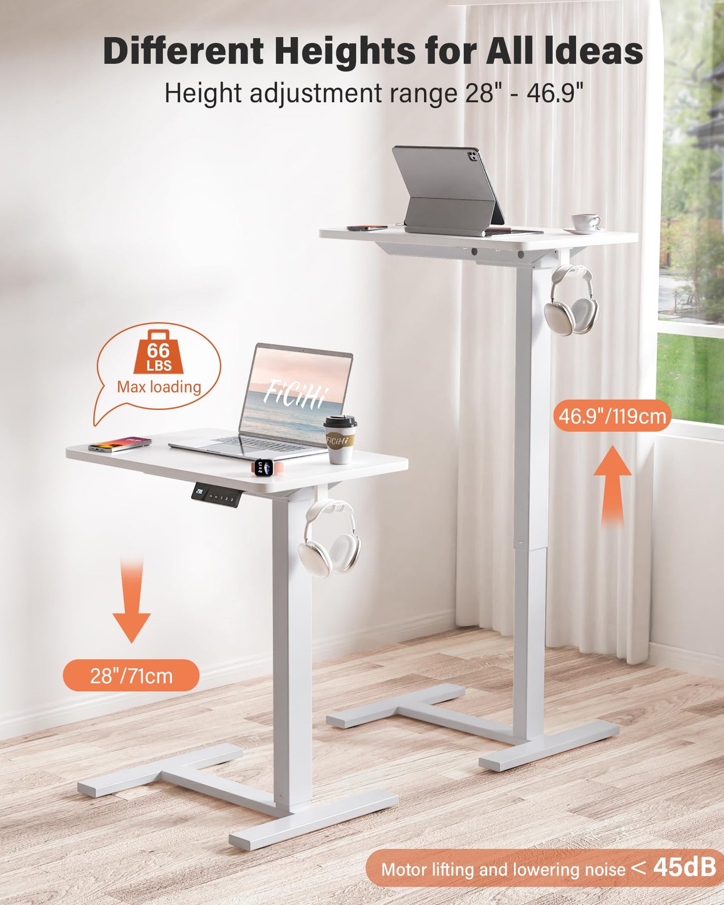 FiCiHi Electric Standing Desk with Wheels – Adjustable Height Mobile Sit-Stand Laptop Table, Portable Rolling Small Computer Workstation for Home Office & Bedside Use (28"x16", White)