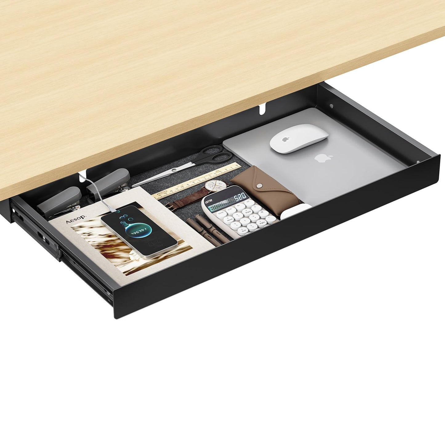 ERGO COLLECT Under Desk Drawer,20.1 inch Carbon Steel Slide-Out Under Table Storage Organizer With Full Extension Ball-Bearing Slides,Undermount Drawer For Standing Desk & Home Office,Black