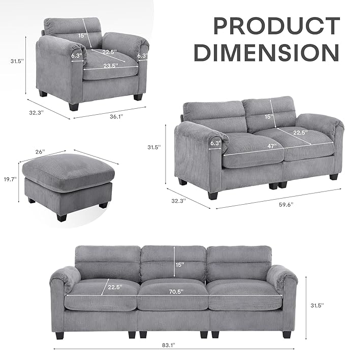 HAOMARKETS Corduroy 2-Piece Sofa Set, Upholstered Ottoman and 3-Seater Sofa