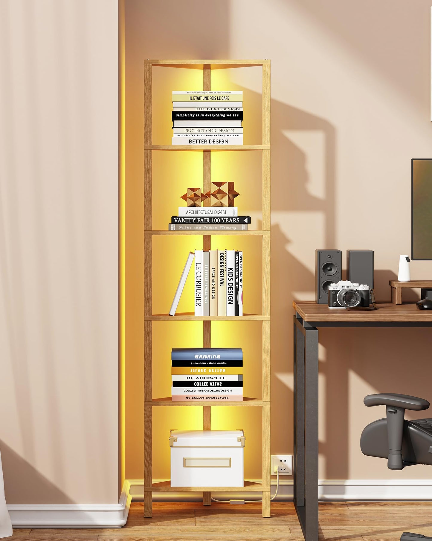 TUTOTAK Corner Shelf with LED Light, 6-Tier Corner Bookshelf for Small Space, Narrow Display Corner Shelf Stand with Storage Rack, for Living Room, Bedroom, Natural BS05BN006L