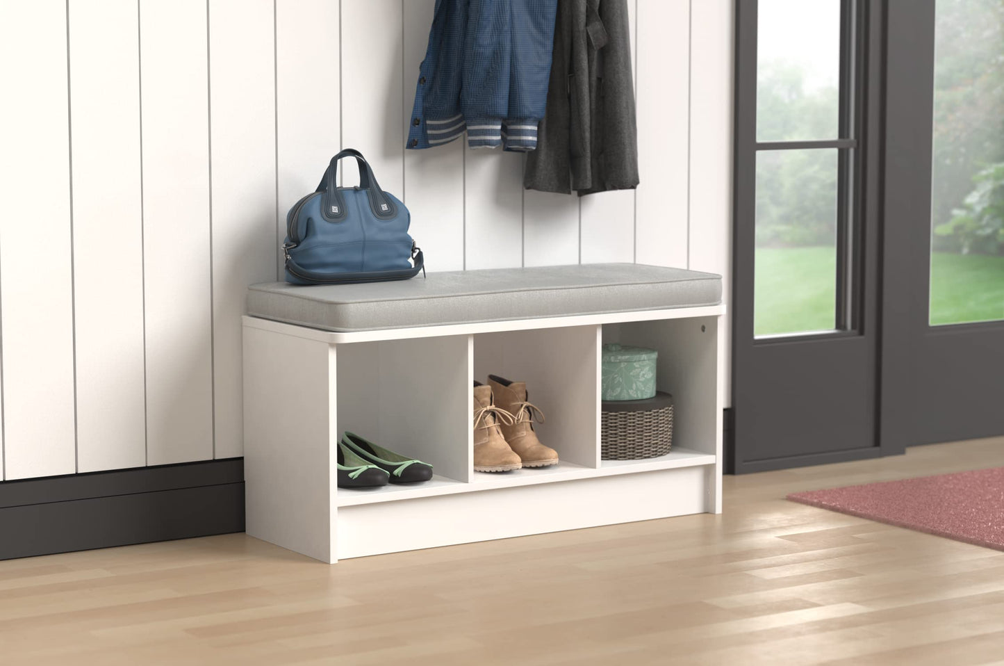 ClosetMaid 1631 Cubeicals 3-Cube Storage Bench, White with Gray Cushion