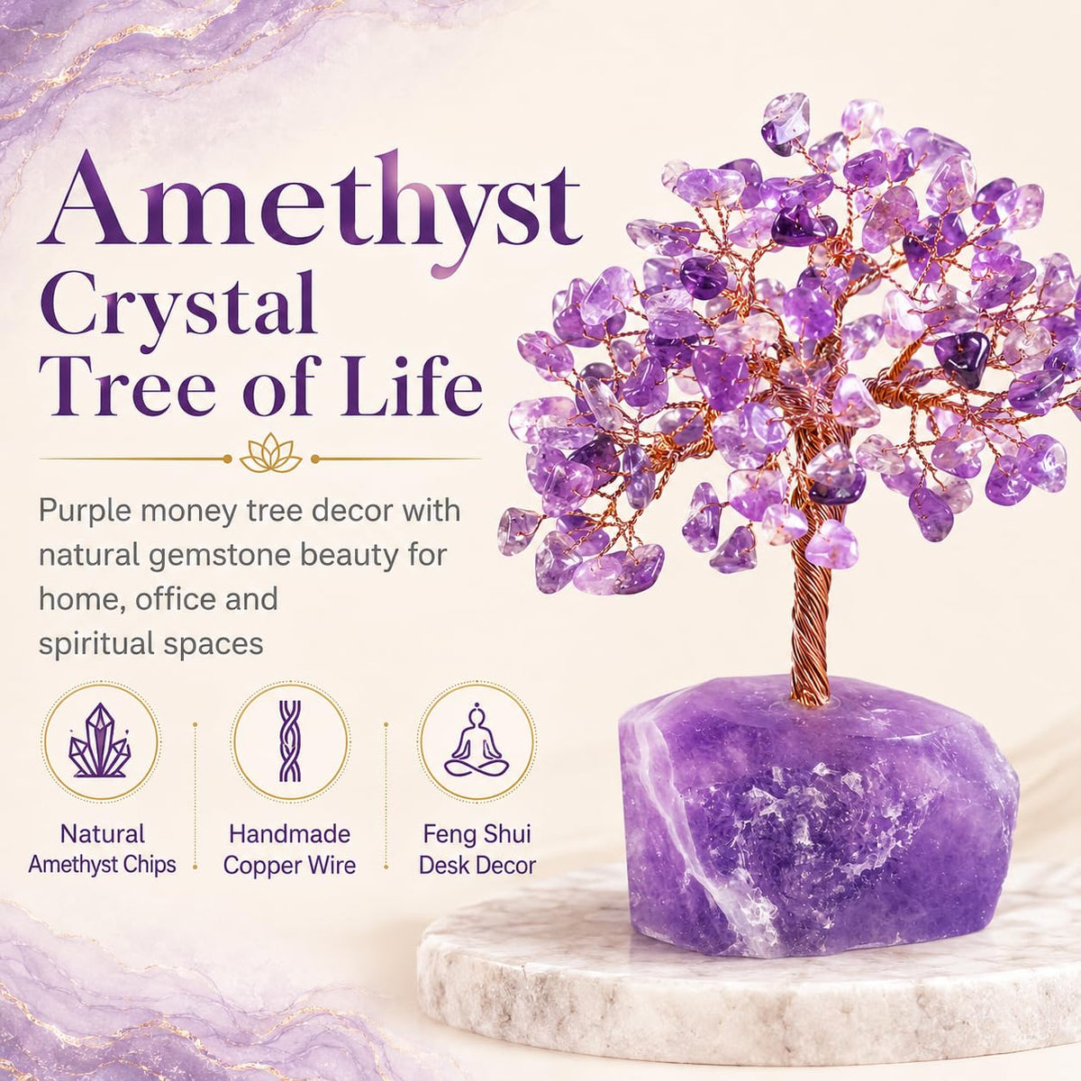 Amethyst Crystal Tree of Life, Purple Money Tree, Crystals and Healing Stones Gemstone Bonsai, Reiki Positive Energy Feng Shui Desk Decor, Spiritual Gifts for Women Mom Sister