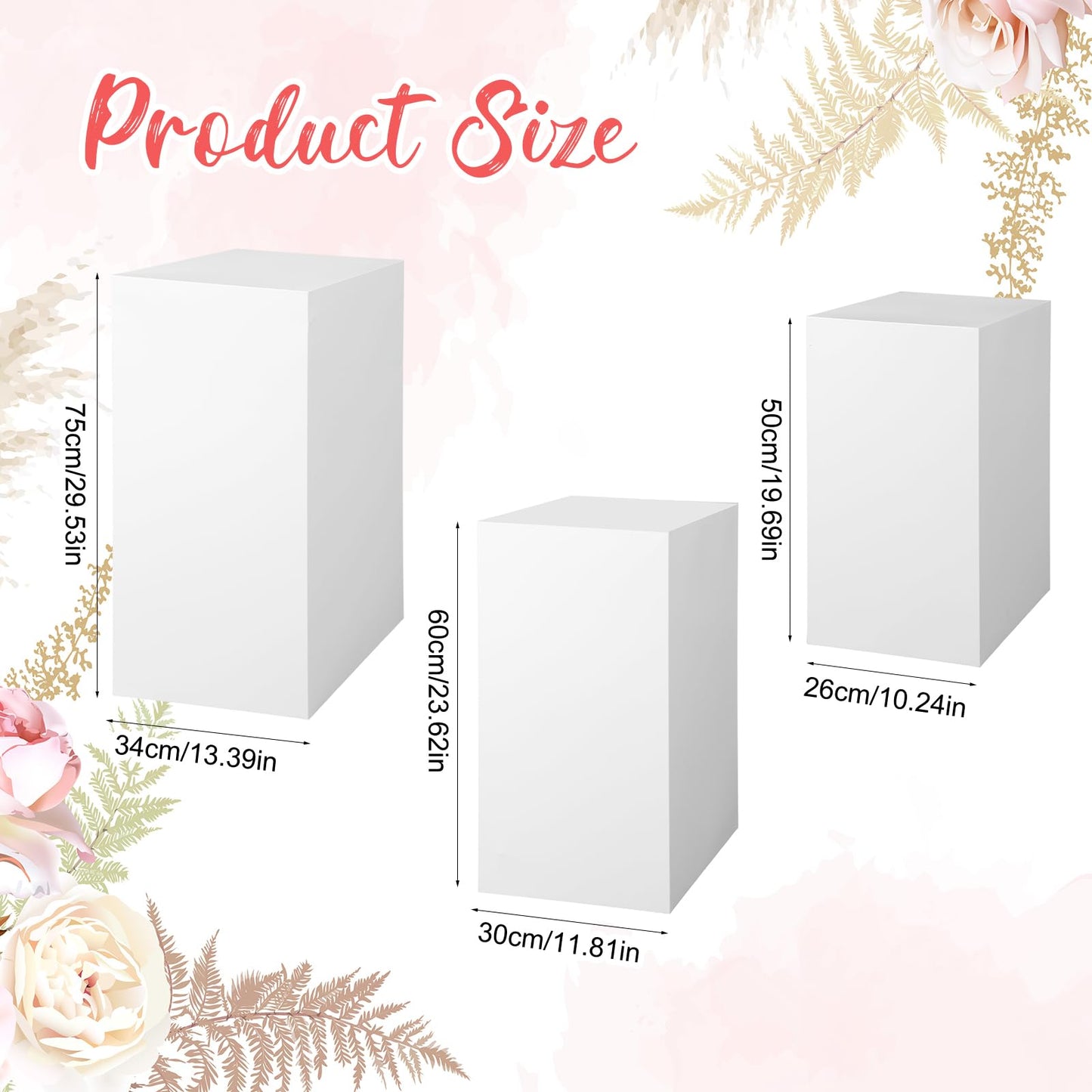 Zonon 3 Pcs Square Pedestal Stands for Party, Metal Display Stands Pillars for Wedding Bridal Ceremony Baby Shower Birthday Party Decorations, 29.5*13.4''(L), 23.6*11.8''(M), 19.7*10.2''(S)(White)