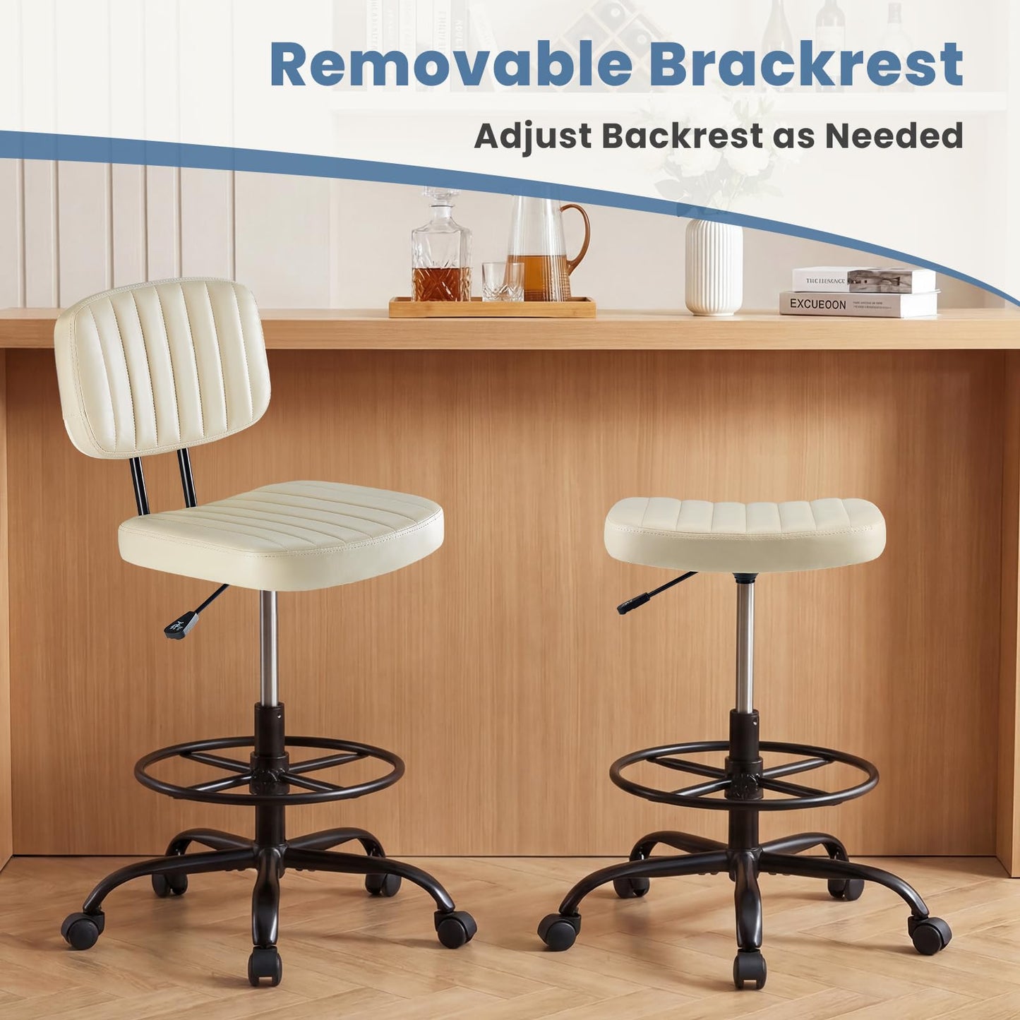DUMOS Armless Drafting Chair, Low Back Office Seat with Adjustable Footrest Ring for Standing Desk, Ergonomic PU Leather Office Seating, Swivel Rolling High Stool for Studio, Lab, Counter, Beige