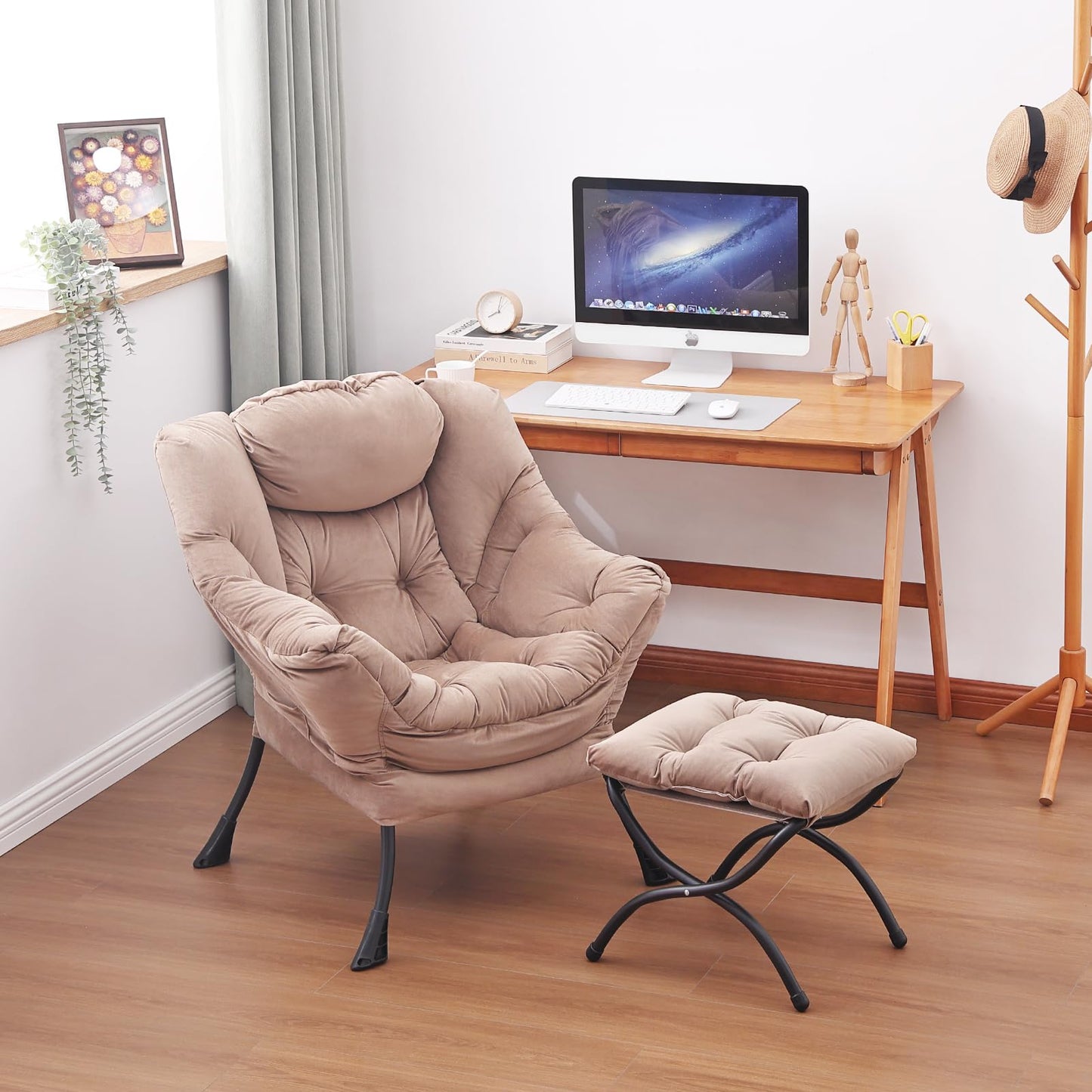 Givjoy Lazy Chair and Ottoman, Large Velvet Brown Accent Chair with a Side Pocket, Modern Leisure Upholstered Sofa Reading Armchair with Footrest for Office, Bedroom, Living Room, Dorm Rooms, Balcony