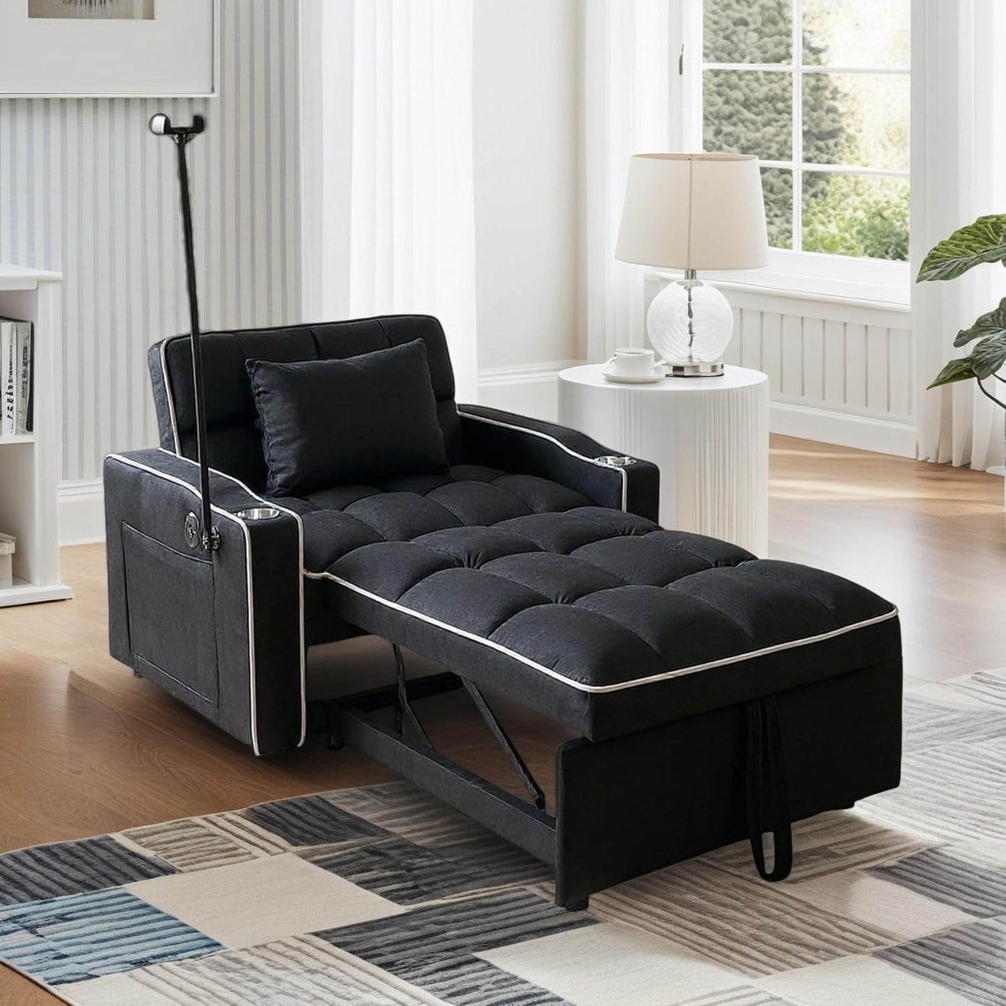 Trygoal Convertible Sleeper Chair Bed, Pull Out Chair Sleeper with Bracket and Cup Holder, Chairs Bed Sleepers for Adults, 3 in 1 Sofa Bed Chairs for Small Spaces, Living Room, Black