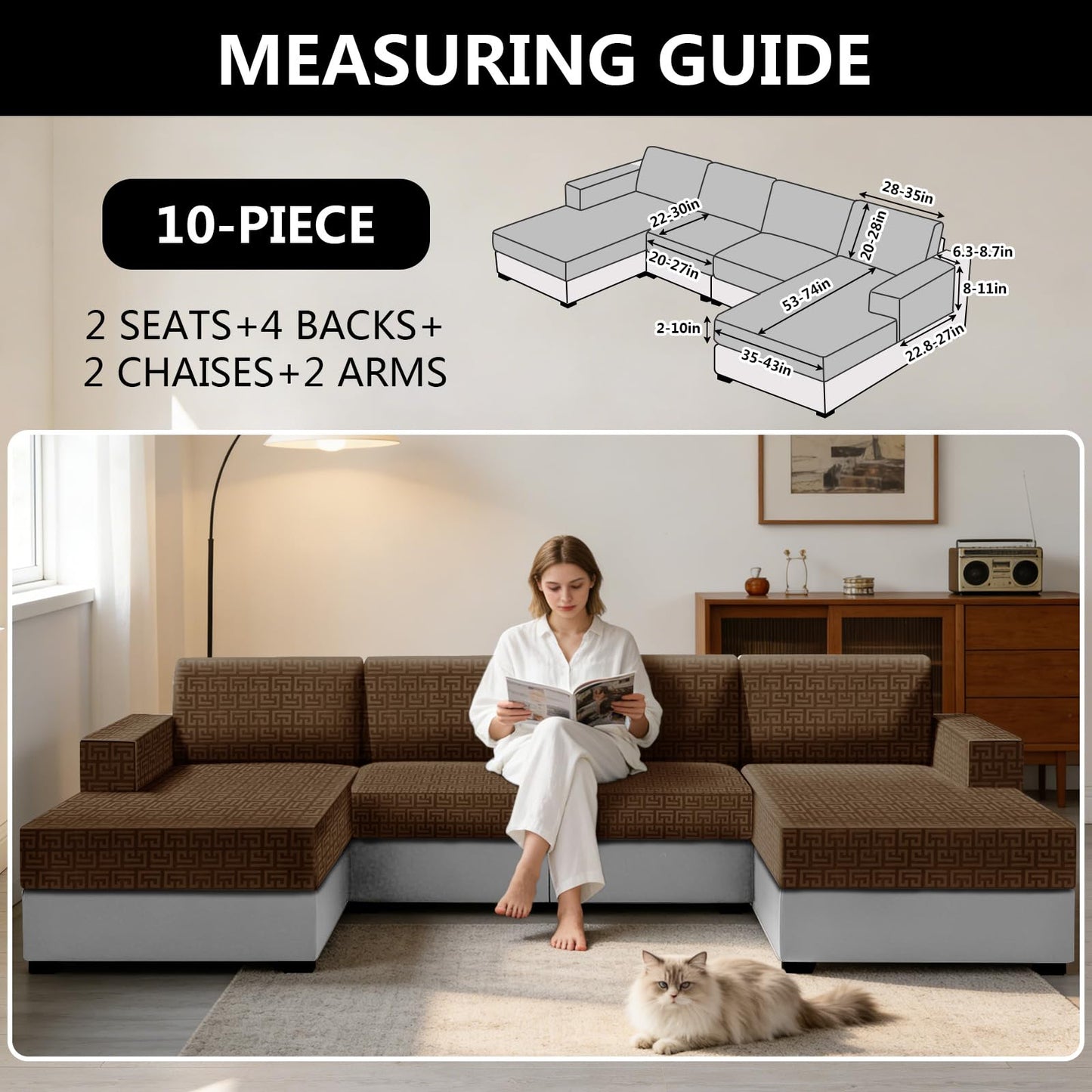 UNBBRRL 10 Pieces Stretch Sofa Cushion Covers for U-Shaped Modular Sectional Couch with 4 Seats+4 Backs+2 Arms, Upholstered Covers for Sofa Bed with Deep Double Chaise (Bronze,10 Pieces Set)