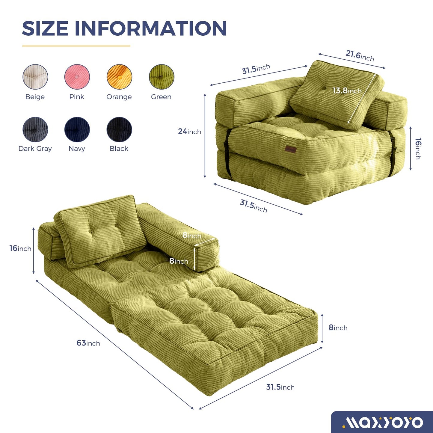 MAXYOYO Folding Sofa Bed, L-Shaped Convertible Sofa with Armrest Foldable Sleeper with Pillow, Portable Fold Out Chair Bed Comfy Floor Lounge for Living Room Bedroom, Green