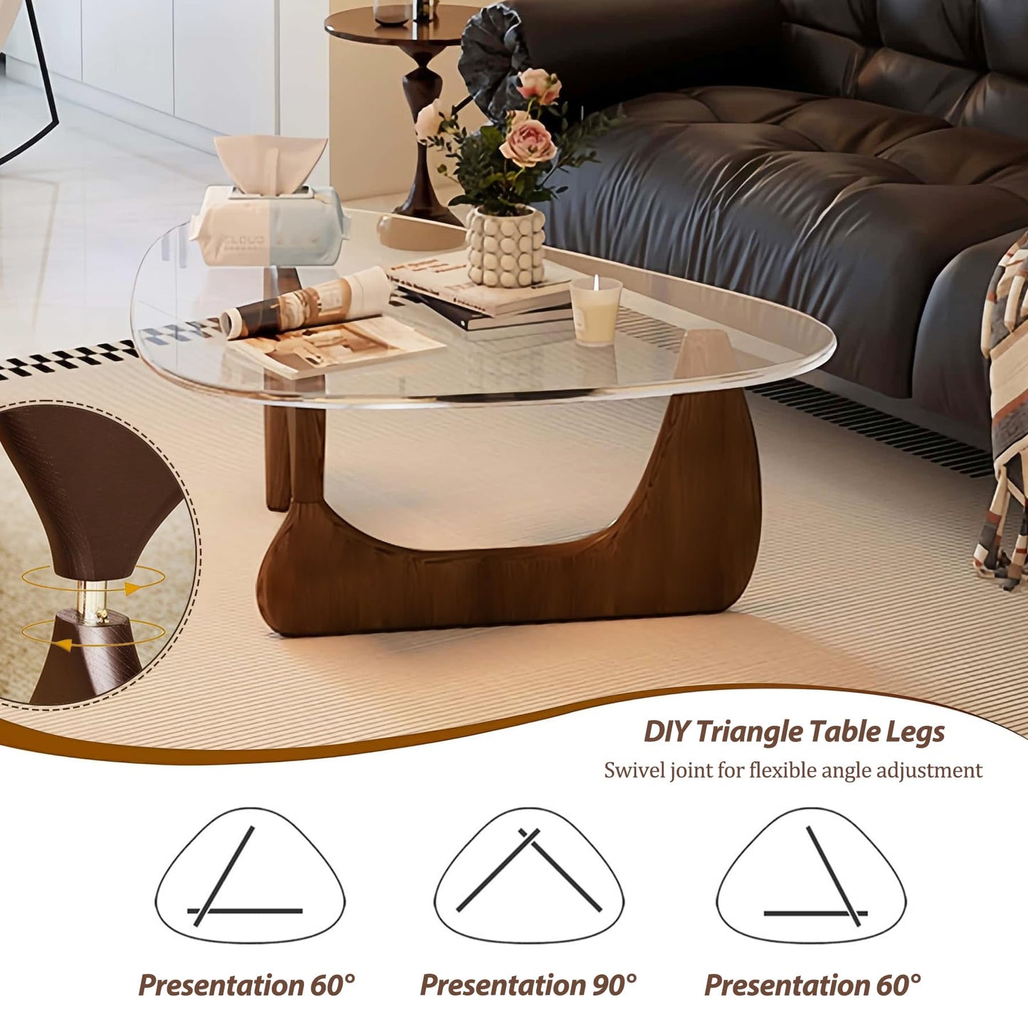 Modern Glass Coffee Table, 35.5″ Noguchi Coffee Table with Triangle Tempered Glass Top, Walnut Wood Base, Stable Funky Center Tables for Living Room, Apartment & Small Spaces