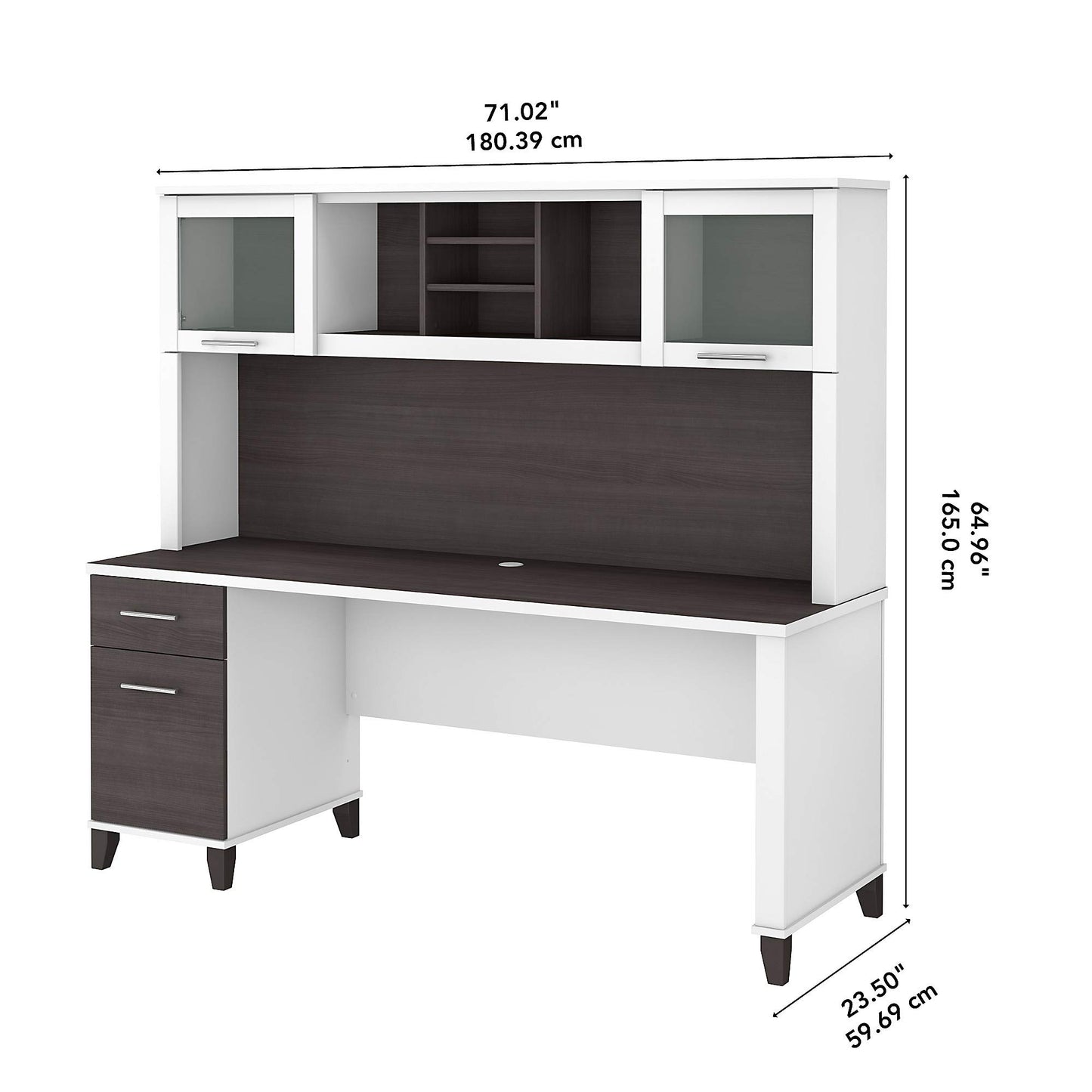 Bush Home 72-Inch Office Desk with Drawers and Hutch, Computer Desk with File and Box Drawers, Shelves and Storage Cabinet, Home Office Workstation, Somerset Collection, Storm Gray and White