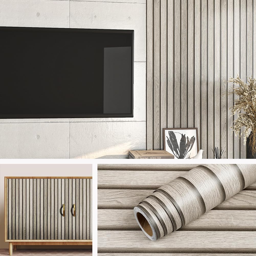 Livelynine 15.8x197 Wood Panel Wallpaper Peel and Stick Wood Panels for Walls Furniture Self Adhesive Contact Paper Roll Faux Wood Slat Wall Panel White Wall Panels Removable 3D Slat Wall Paneling