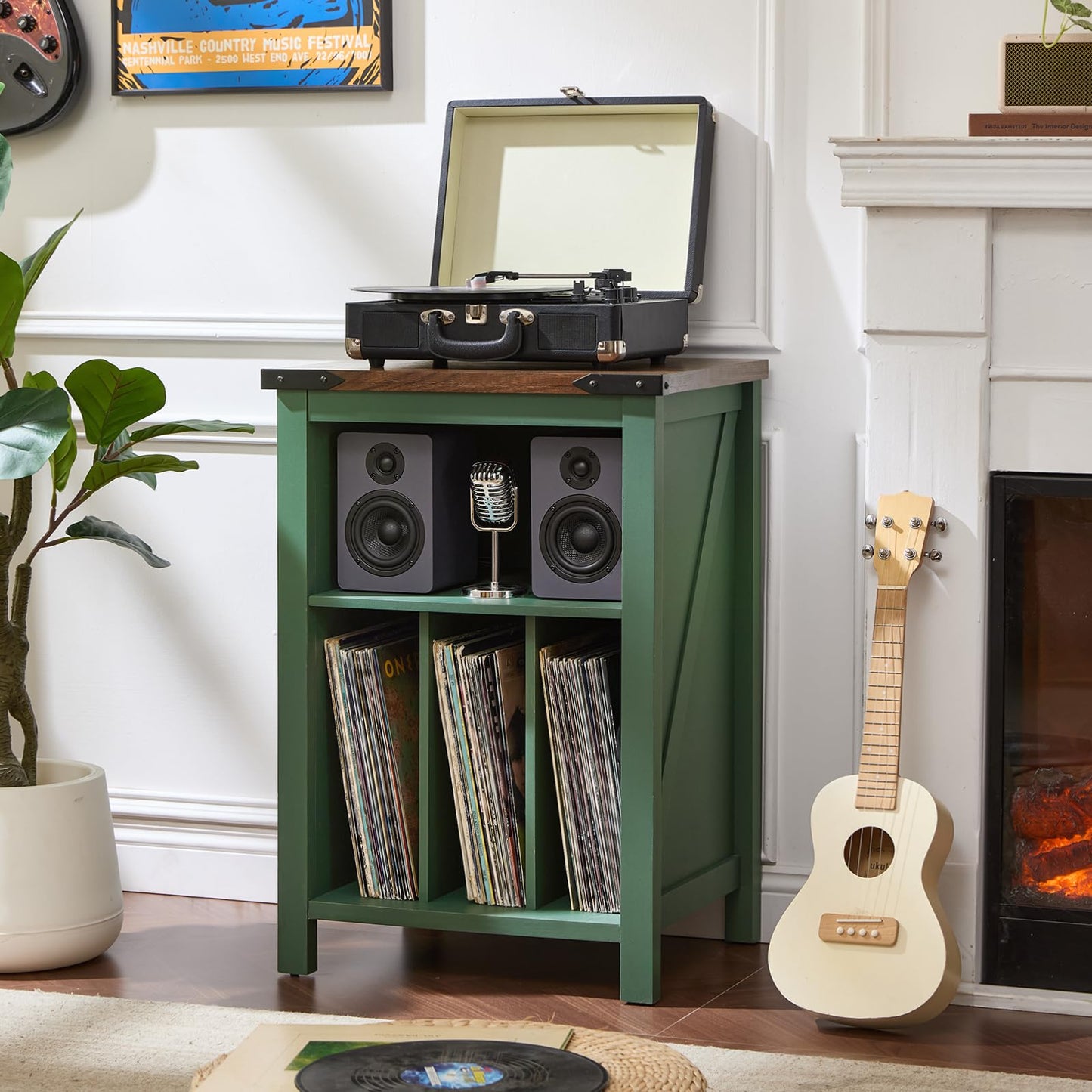 Joaxswe Record Player Stand with Vinyl Record Storage,Green Record Player Table Holds up to 160 Albums,Large Wood Turntable Stand Cabinet Dispaly Shelf for Living Room,Bedroom,Office