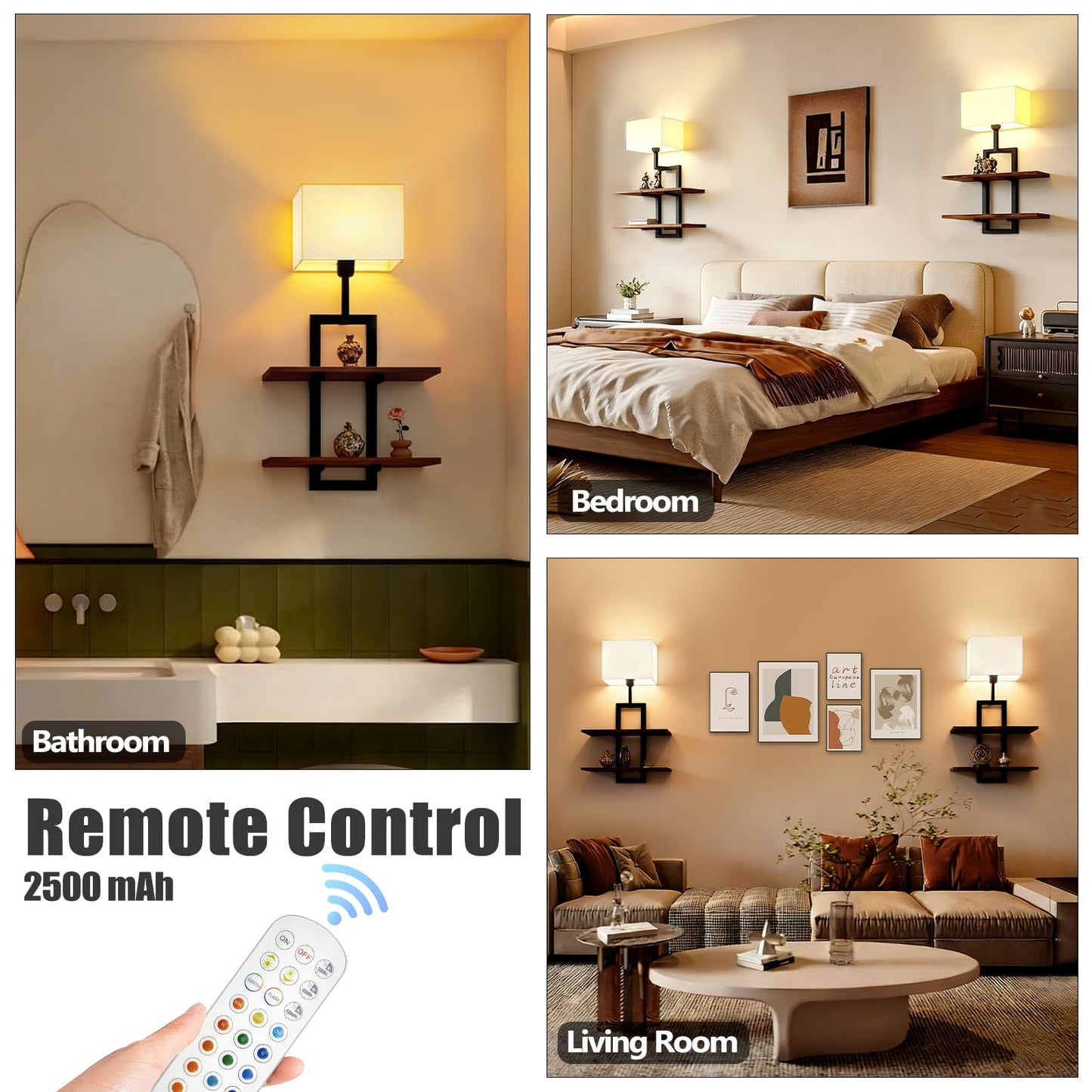 RINBOU Set of 2 Battery Operated Wall Sconce with 2-Tier Shelf, Remote Wireless Rechargeable Dimmable Wall Lights with Floating Shelves, Wall Lamps for Bedroom Living Room Hallway Bathroom Decor