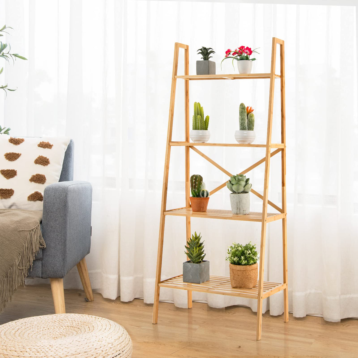 Giantex 4-Tier Bamboo Bookshelf, Multifunctional Storage Display Rack Shelves with Anti-Tipping Device, Natural Bamboo Ladder Shelf for Home Office Kitchen Bathroom