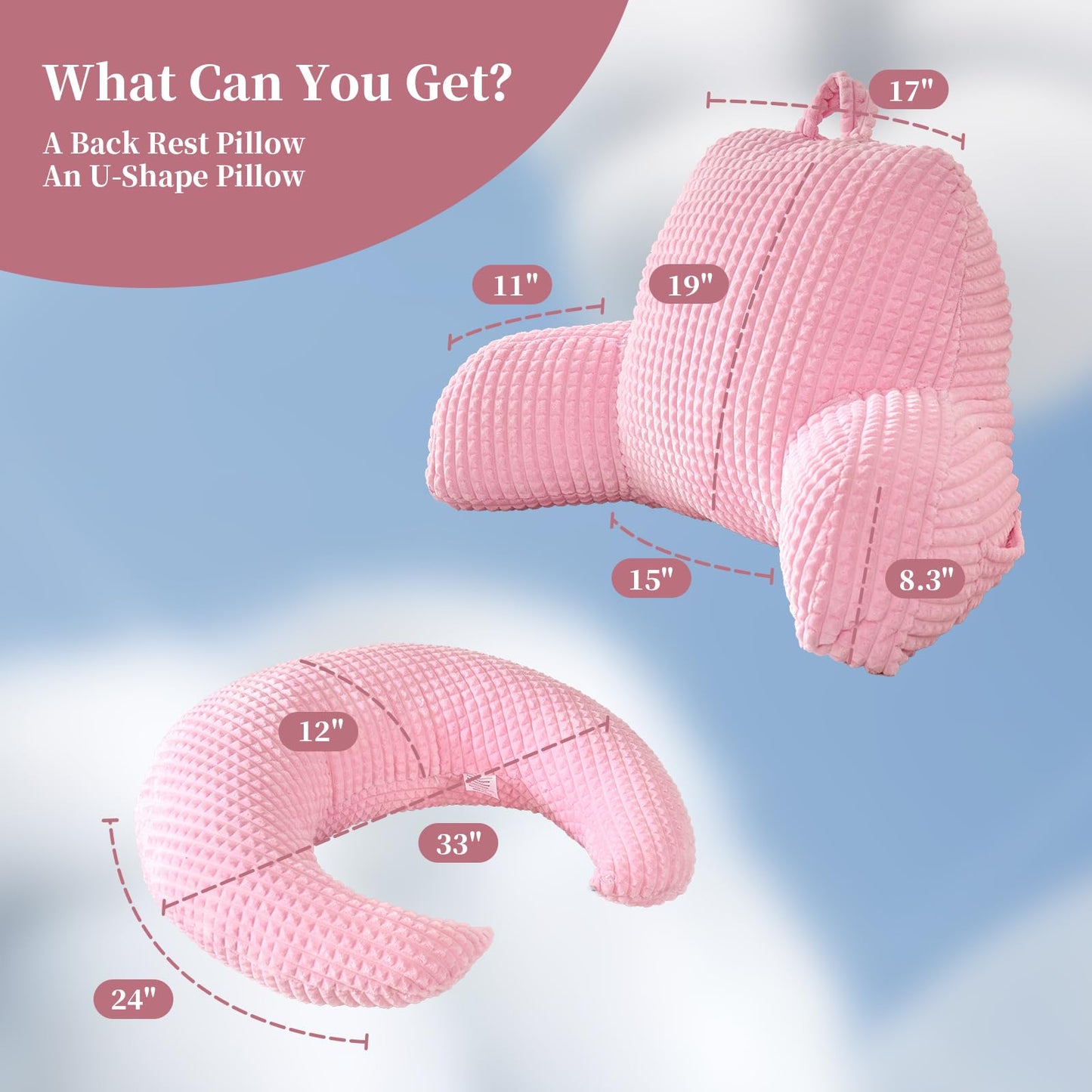 19" Reading Pillow for Bed,U Shaped Arm & Elbow Support,Pink Corduroy