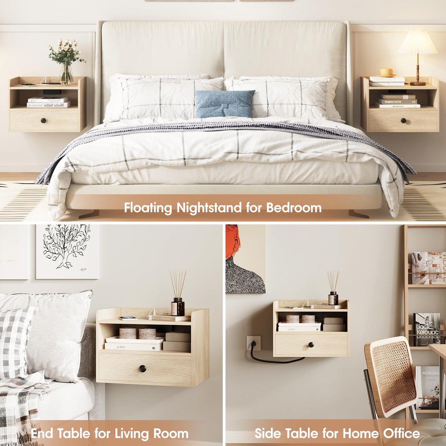 Floating Nightstand Set of 2 Modern Night Stands with Drawer and Open Shelf Cubby Small Bedside End Table with Charging Station Wall Mounted Nightstands Set 2 for Bedroom Natural