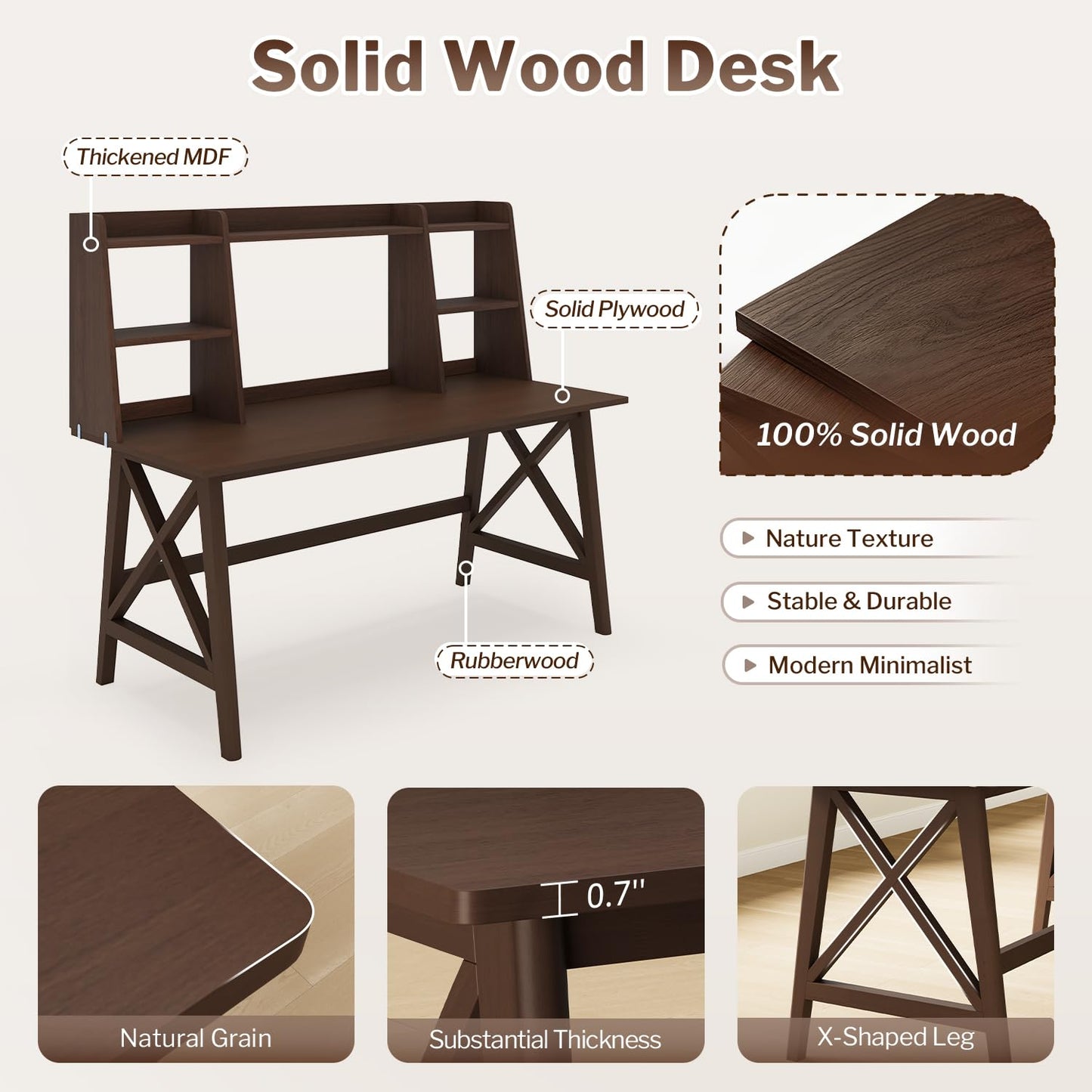 NELYE Solid Wood Desk with Bookshelf, Computer Writing Table for Monitor and Home Office, Modern Compact Workstation in Walnut, 48" W x 24" D