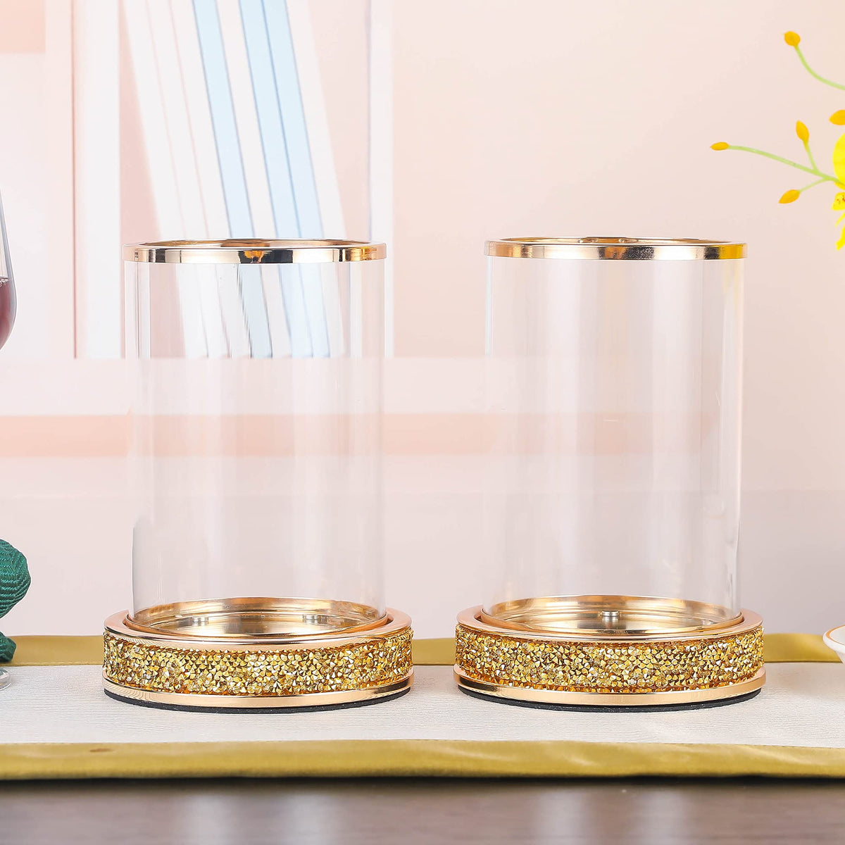 Pillar Candle Holders Set of 2,Hurricane Candle Holders,Candlesticks Holder With Glass Hurricane Lid,Metal Candle Holder For Coffee Dining Table, Wedding, Christmas, Home Decoration,Gold Candle Holder