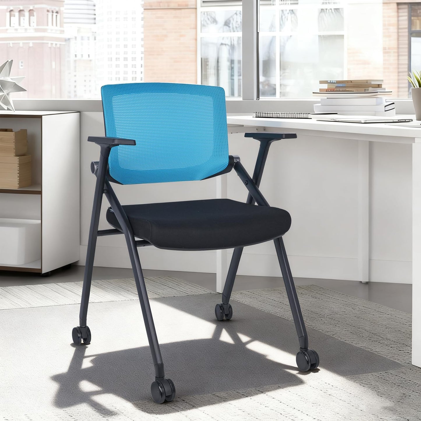 BROBRIYO Upgraded Folding Chair with Wheels and Padded, Ergonomic Mesh Back and Arms for Office, Meetings, Conferences, Receptions, Training Rooms & Folding Office Chairs