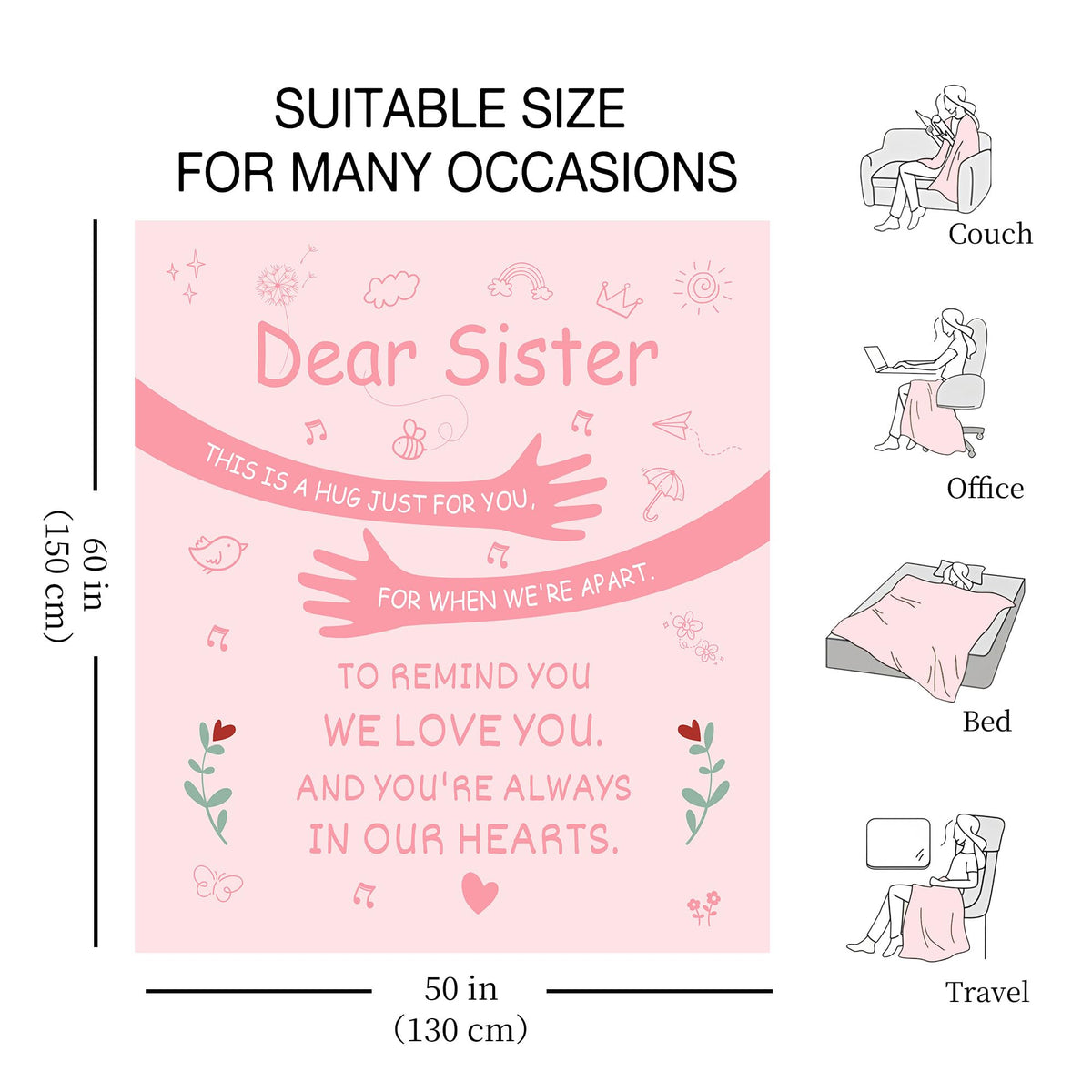 Dear Sister This is a hug just for you for when we're apart To remind you we love you And you're always in our hearts Sister's Throw Blanket Gift for Birthday Christmas Farewell Gift Reminder