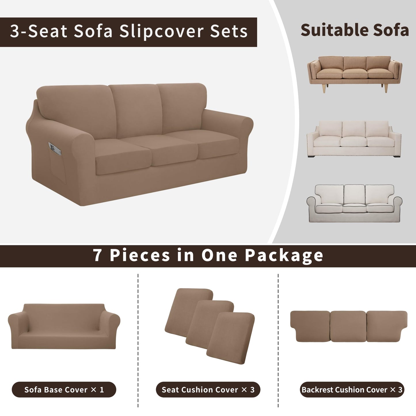 Easy-Going 7 Pieces Stretch Couch Cover Washable Sofa Cover Set for 3 Backrest and Seat Cushion Couch Anti-Slip Sofa Slipcover Furniture Protector with Elastic Bottom (Large, Camel)