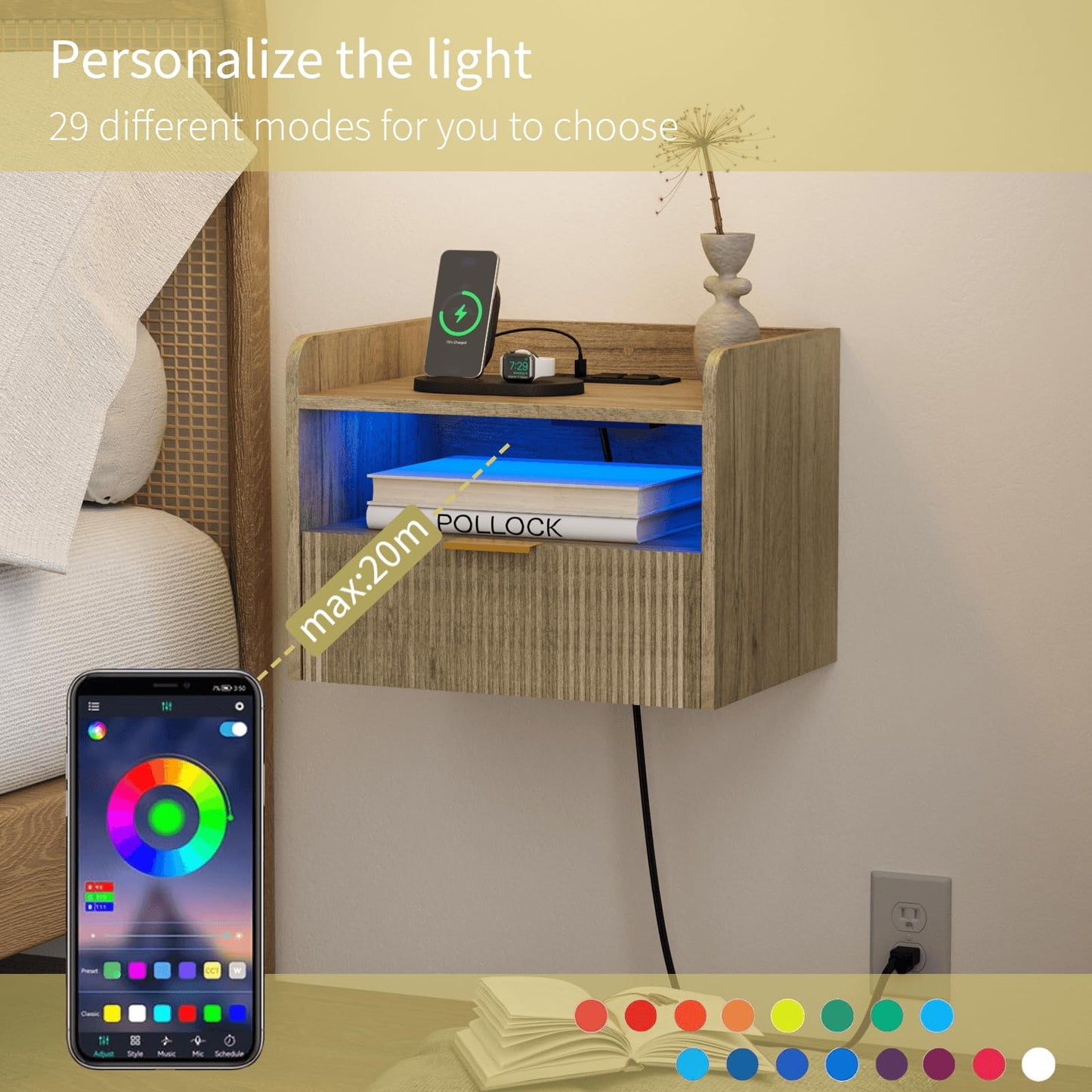 Veegle White Floating Nightstand with Charging Station and LED Lights (Grey)